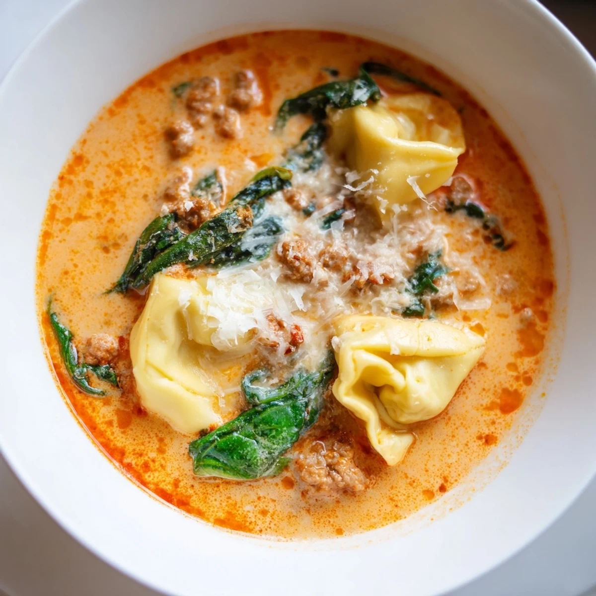 Easy Tuscan Tortellini Soup featuring cheesy tortellini, Italian sausage, and fresh baby spinach.