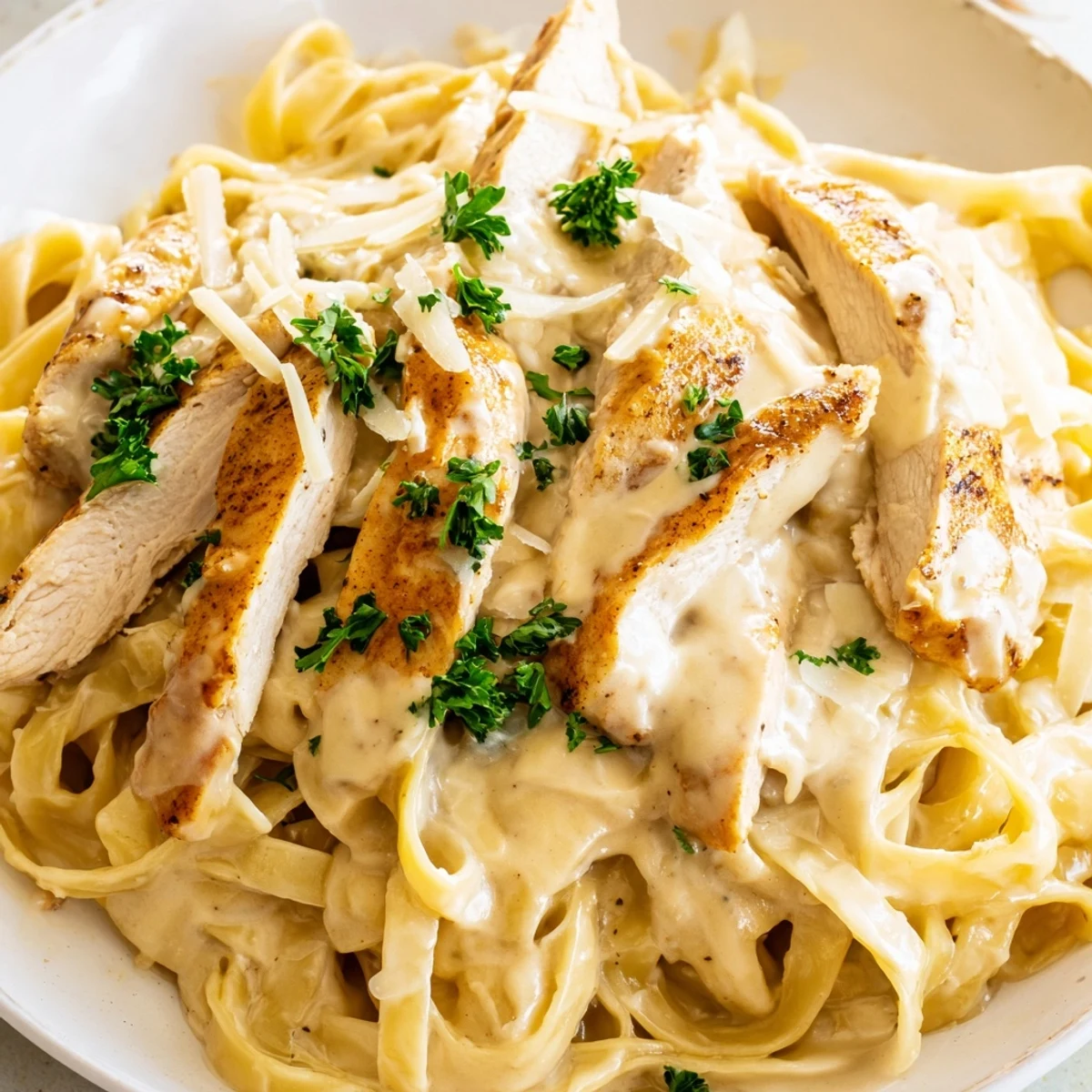 Plated Cajun Chicken Alfredo served with extra Parmesan and red pepper flakes alongside a glass of crisp white wine.