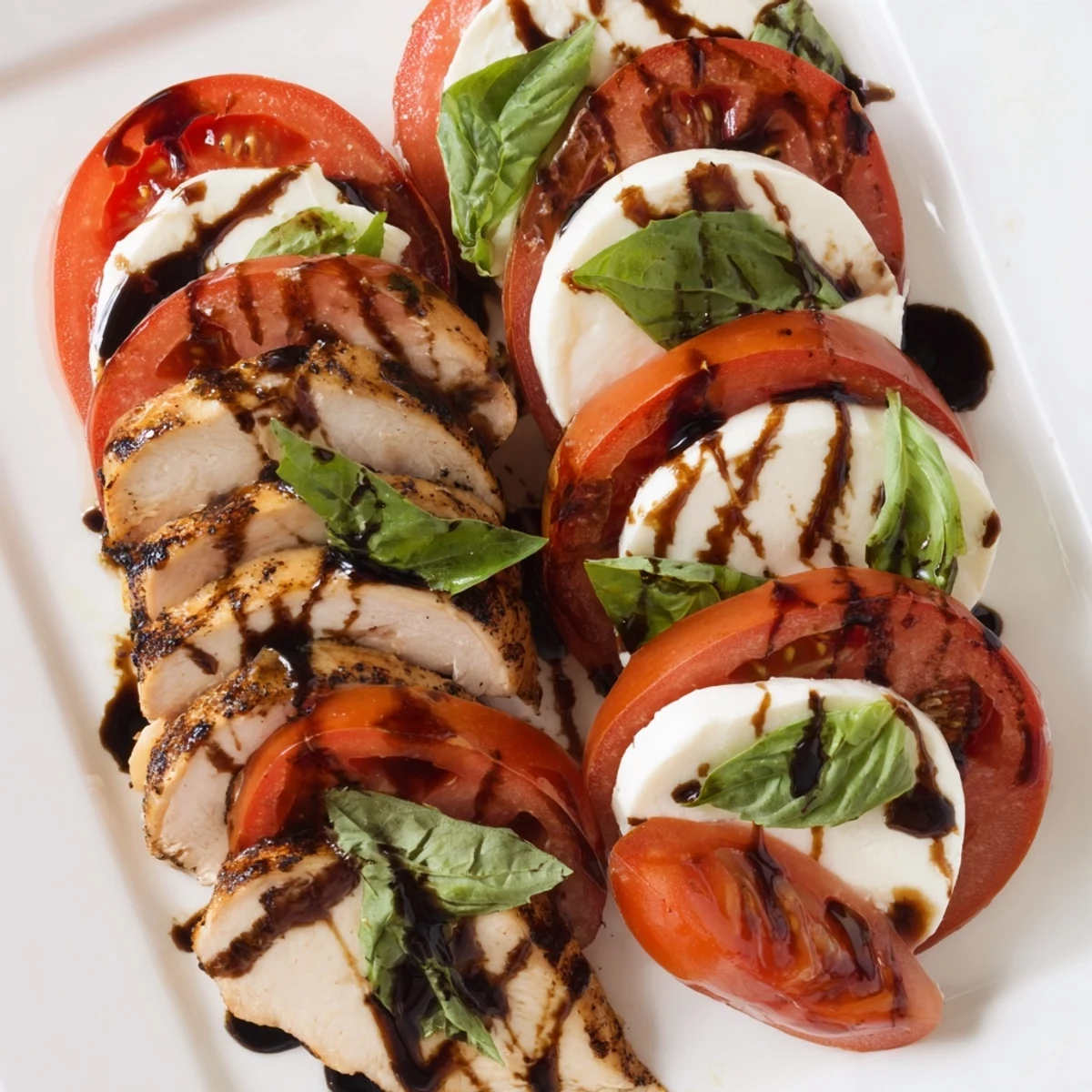 Grilled chicken slices topped a vibrant plate of ripe tomatoes, creamy mozzarella, and fresh basil leaves, drizzled with balsamic glaze.