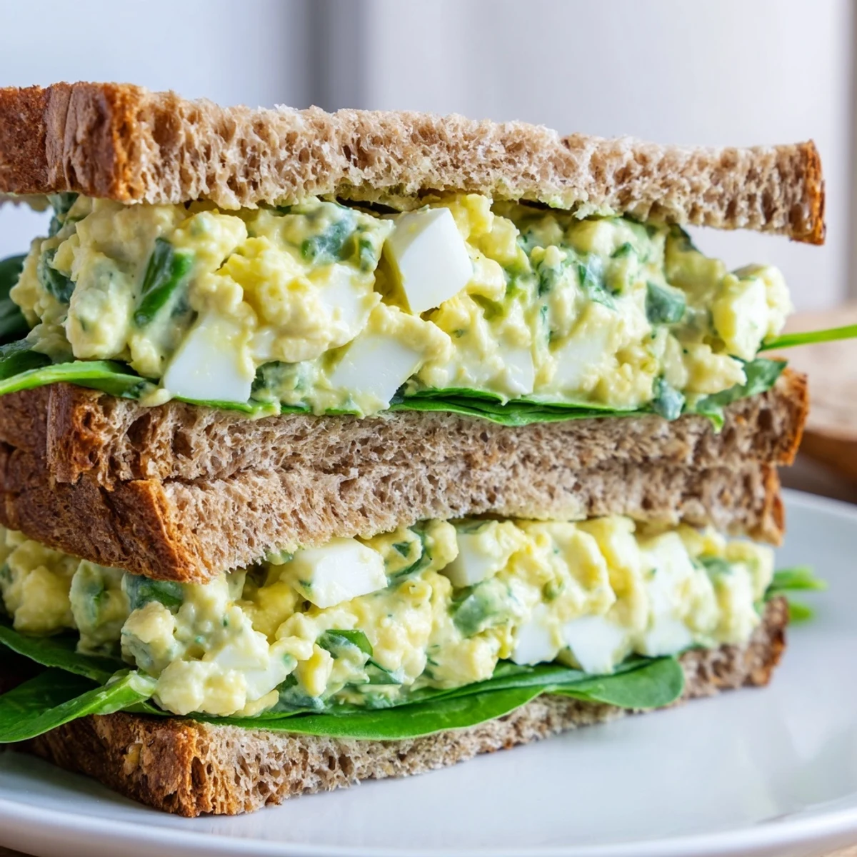 Healthy avocado egg salad sandwich stuffed with creamy egg mixture and baby spinach, perfect for a quick vegetarian lunch.