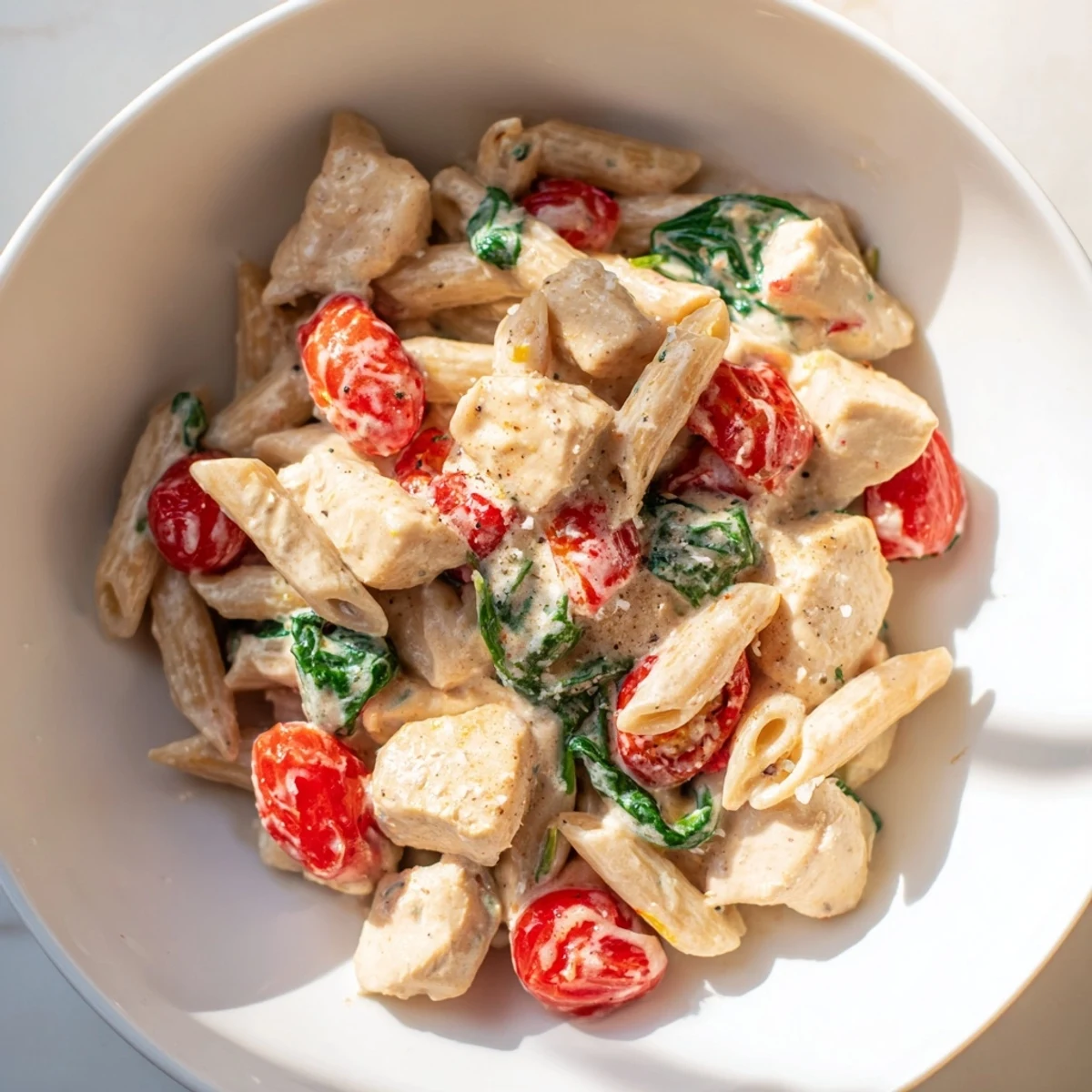 Golden, pan-seared chicken pieces and al dente whole wheat penne tossed in a creamy Greek yogurt chicken pasta sauce with wilted spinach and halved cherry tomatoes.