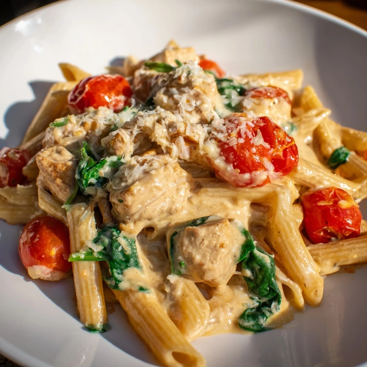 Steam rises from a bowl of Greek yogurt chicken pasta, showcasing tender chicken, vibrant tomatoes, and a sprinkle of Parmesan cheese next to a rustic wooden spoon.