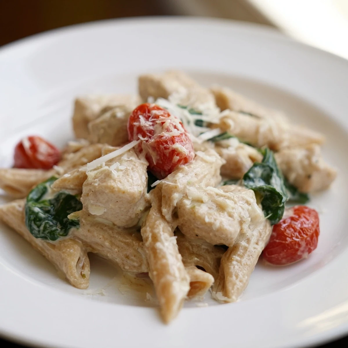 A close-up view of Greek yogurt chicken pasta reveals a luscious, creamy sauce coating every spiral of pasta, with fresh basil garnish and a lemon wedge nearby.