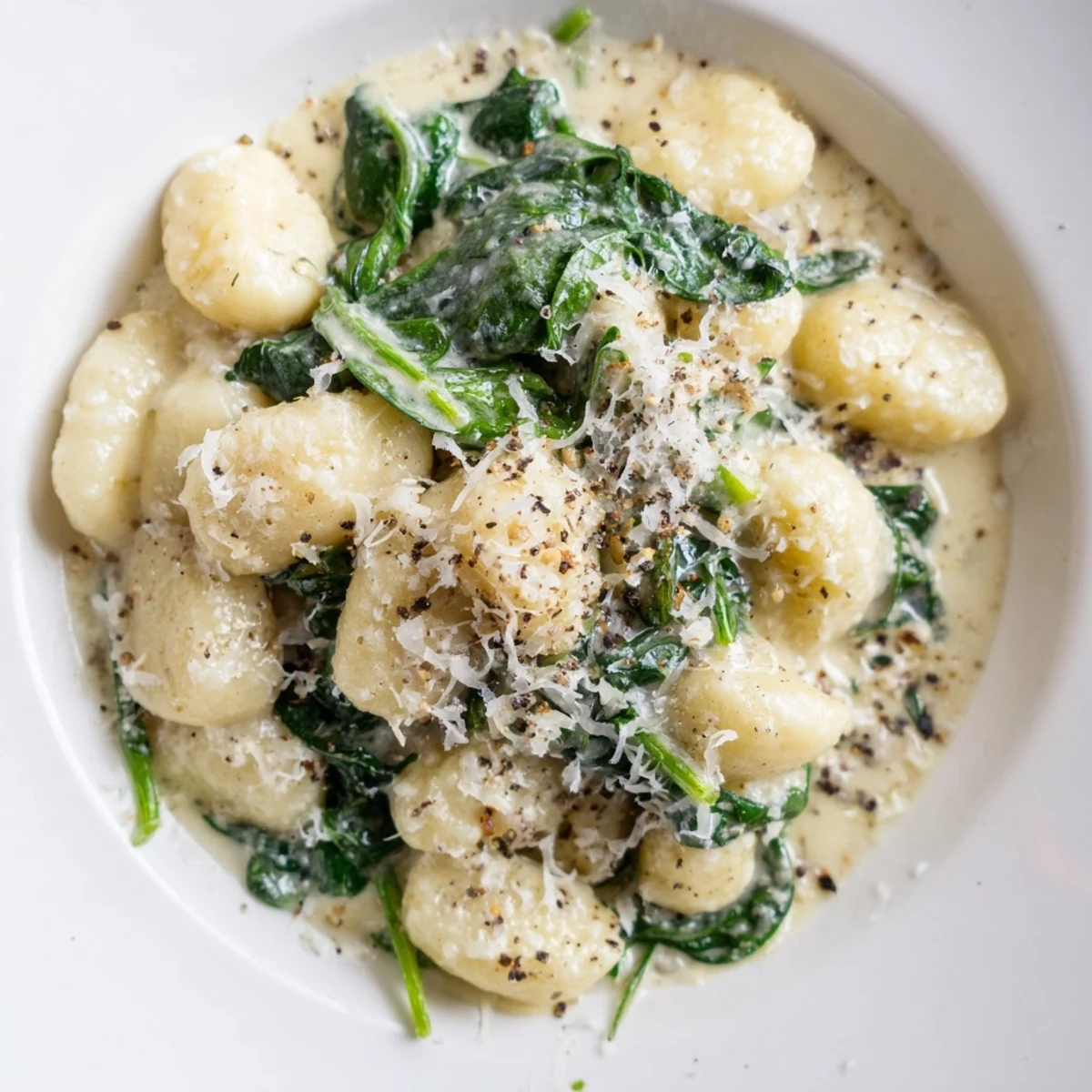 Steaming plate of Creamy Garlic Gnocchi in rich cream sauce with wilted spinach and fresh Parmesan.