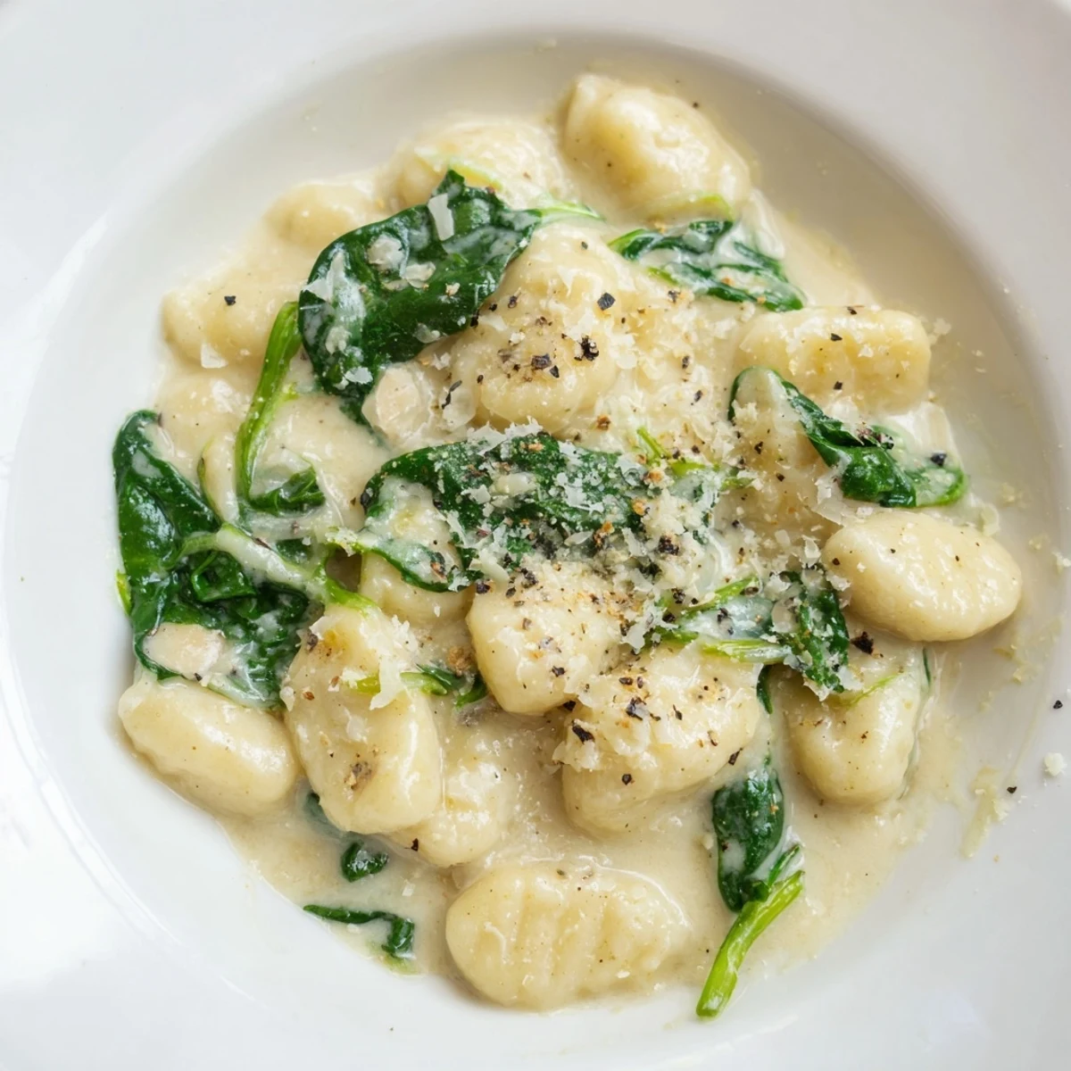 Comforting bowl of Creamy Garlic Gnocchi, topped with grated Parmesan and tender spinach leaves.