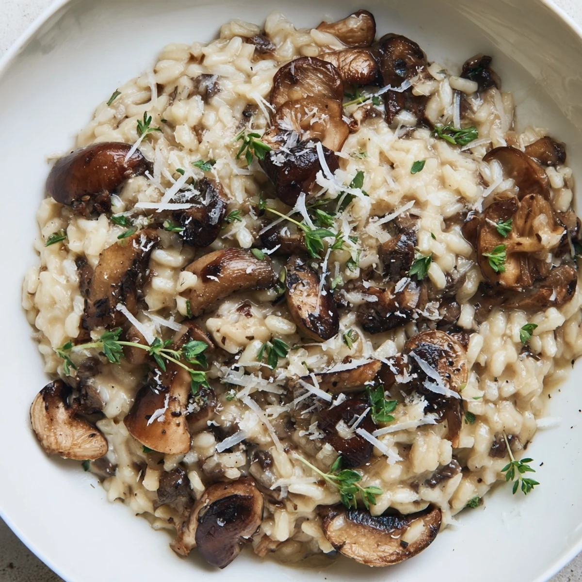 Roasted Mushroom Risotto in a white bowl, topped with fresh parsley and extra Parmesan for a cozy vegetarian dinner.
