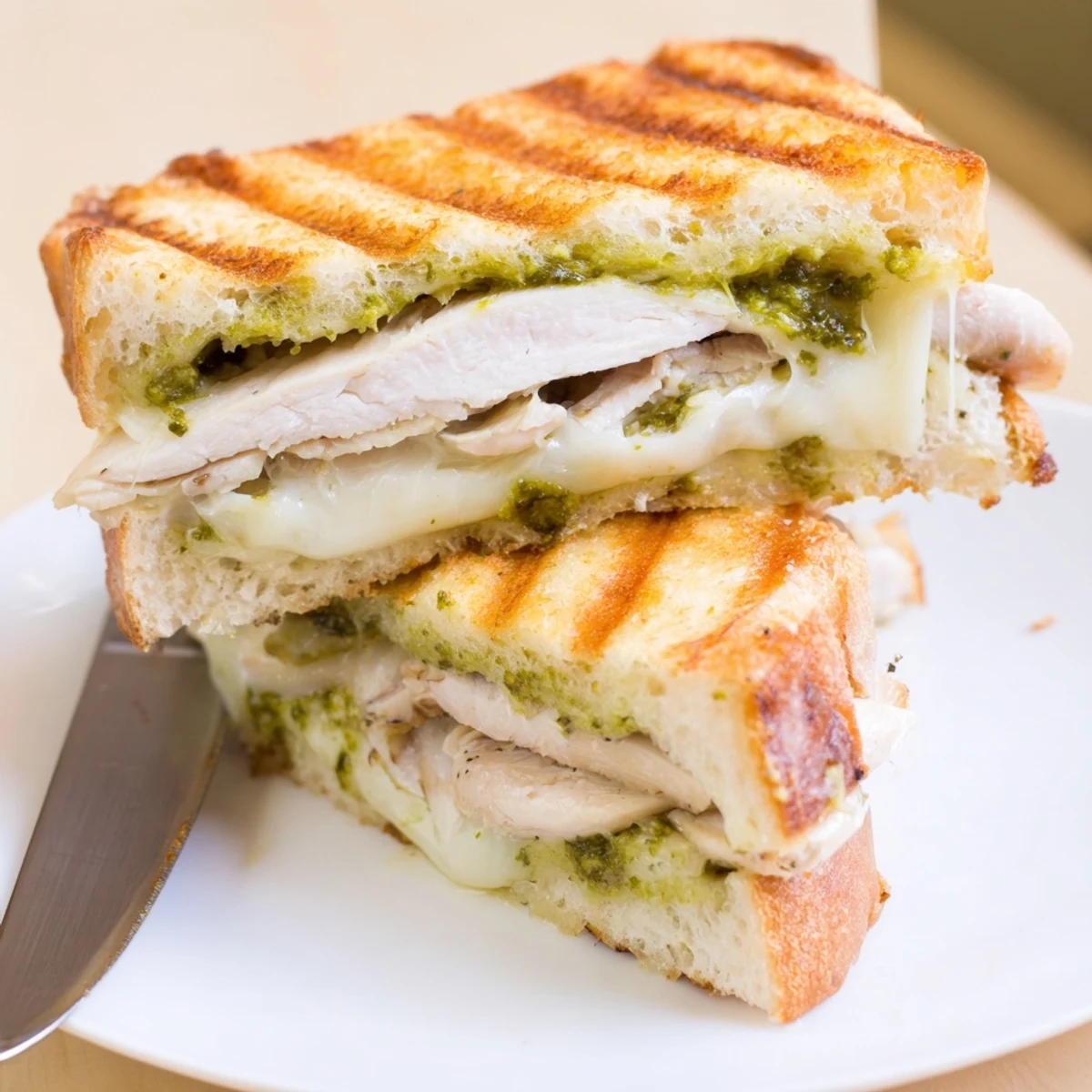 Freshly made Chicken Pesto Panini served warm, revealing melted cheese and pesto between crusty bread.