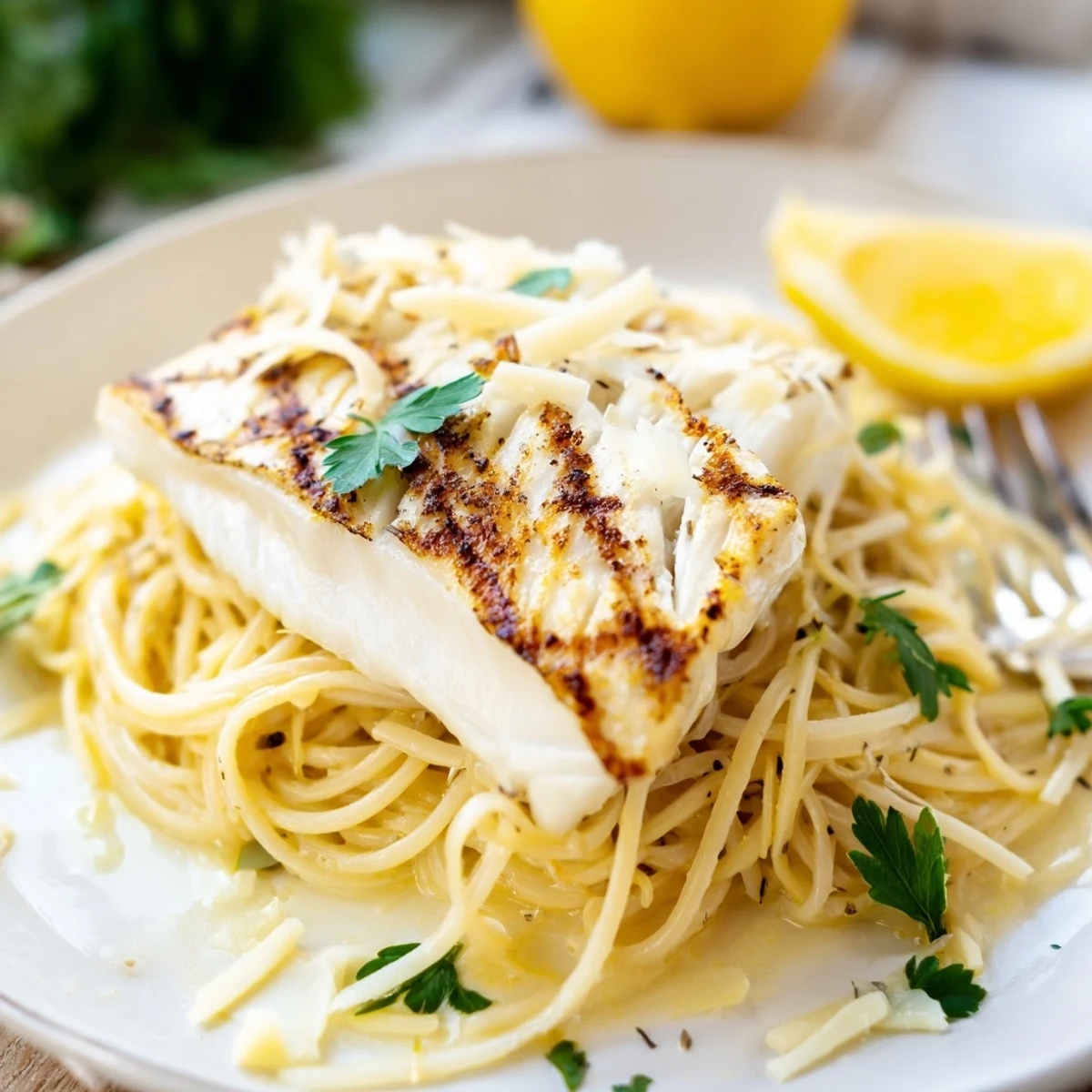 Close-up of grilled Lemon Bass Pasta with flaky white fish atop spaghetti in a glossy lemon-butter sauce, garnished with fresh parsley and lemon wedges.  