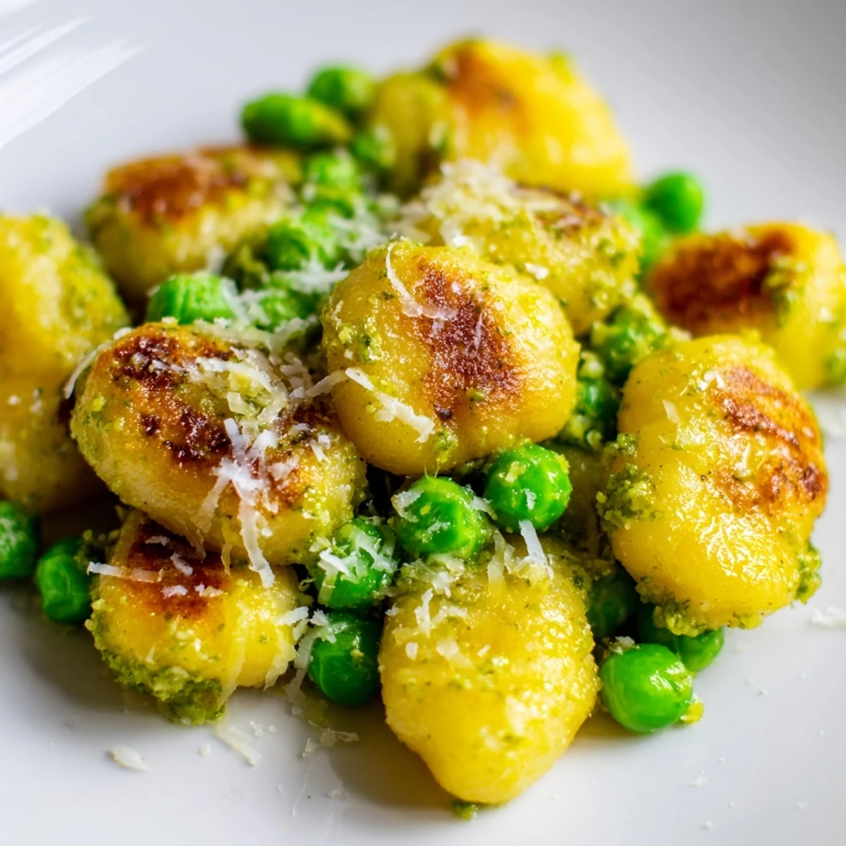 A close-up view of Pesto Pea Gnocchi Skillet, highlighting the steam rising from tender peas and golden potato dumplings.  