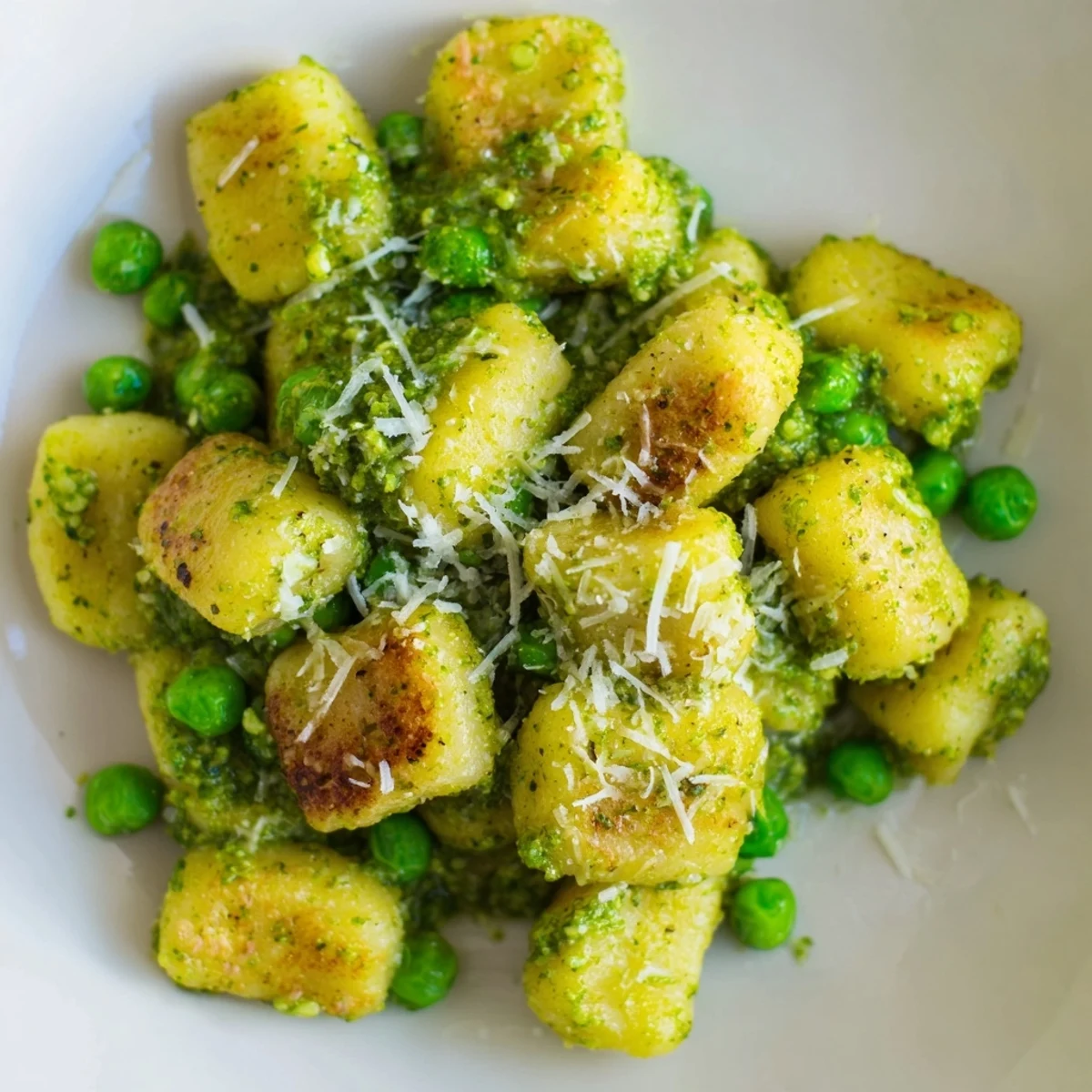 Spoonful of Pesto Pea Gnocchi Skillet with bright green peas and melted Parmesan, ideal for a quick vegetarian weeknight dinner.