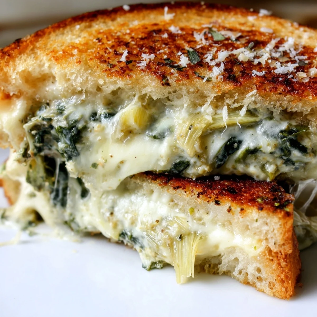 A thick Artichoke Spinach Grilled Cheese on buttery sourdough, revealing a vibrant green filling of spinach and tender artichokes.  