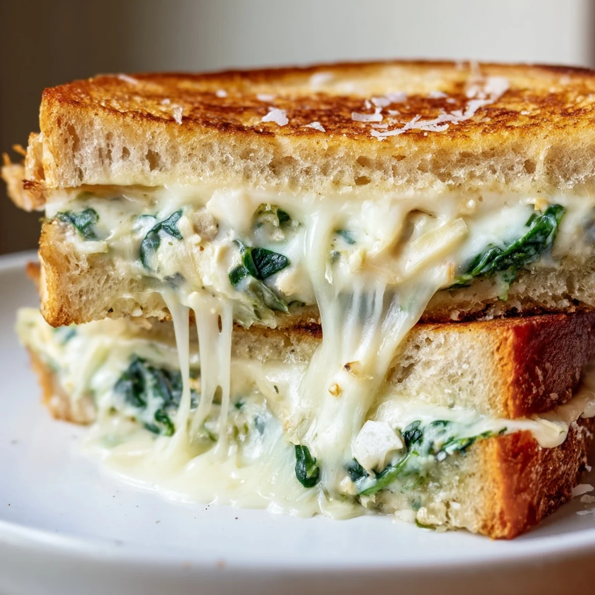 Close-up of Artichoke Spinach Grilled Cheese, showing melted mozzarella and Monterey Jack stretching from golden bread slices.
