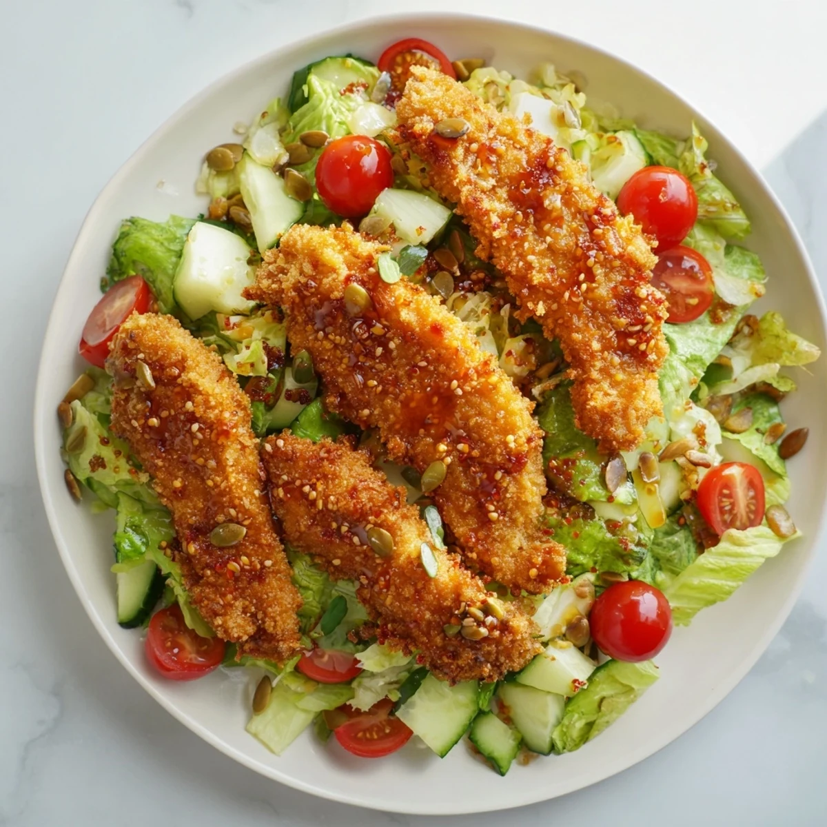 Drizzling hot honey over golden fried chicken strips on a salad with crunchy seeds and bright cherry tomatoes.