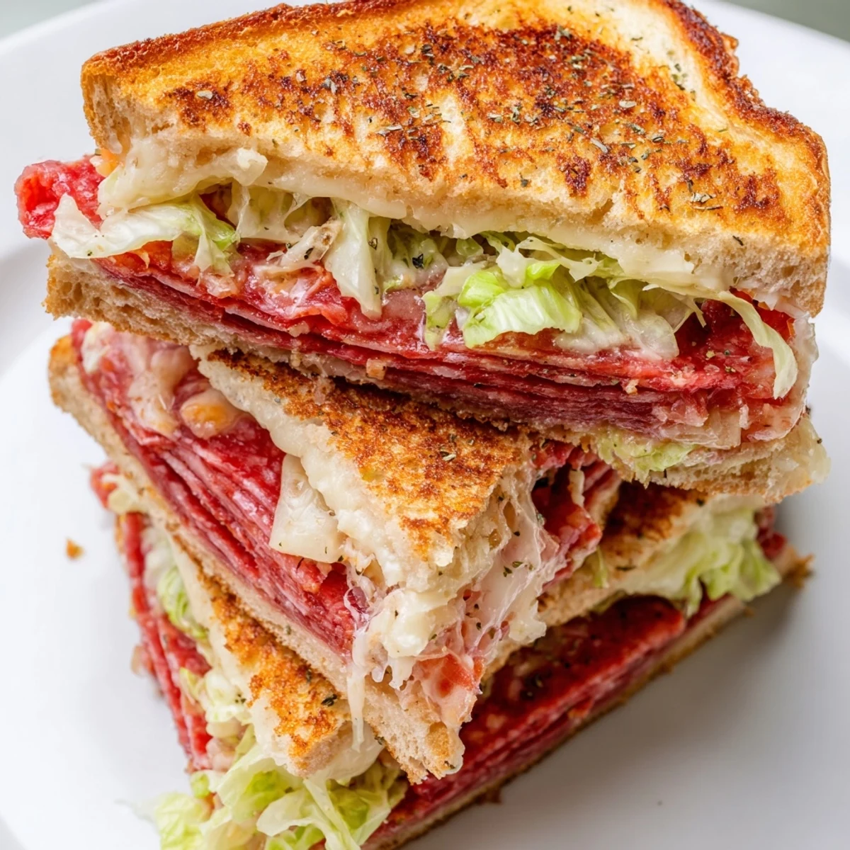 Golden-brown Italian Sub Grilled Cheese sandwich with melted provolone, salami, and pepperoni stacked on buttery bread.