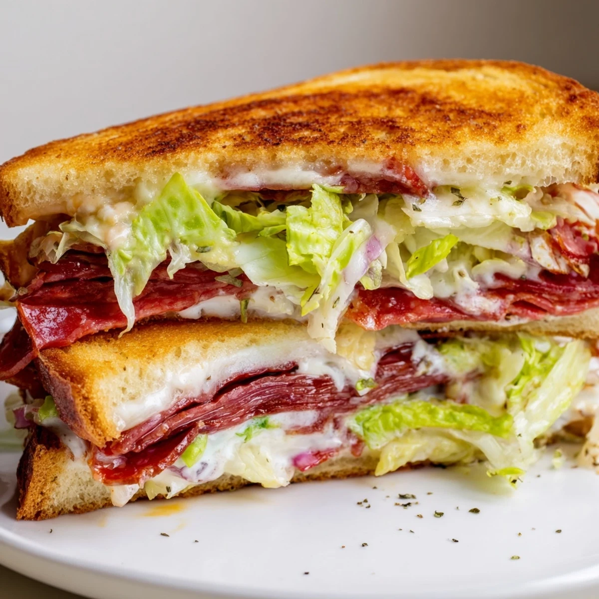 Two crispy Italian Sub Grilled Cheese sandwiches served on a wooden board with a side of tangy lettuce topping.