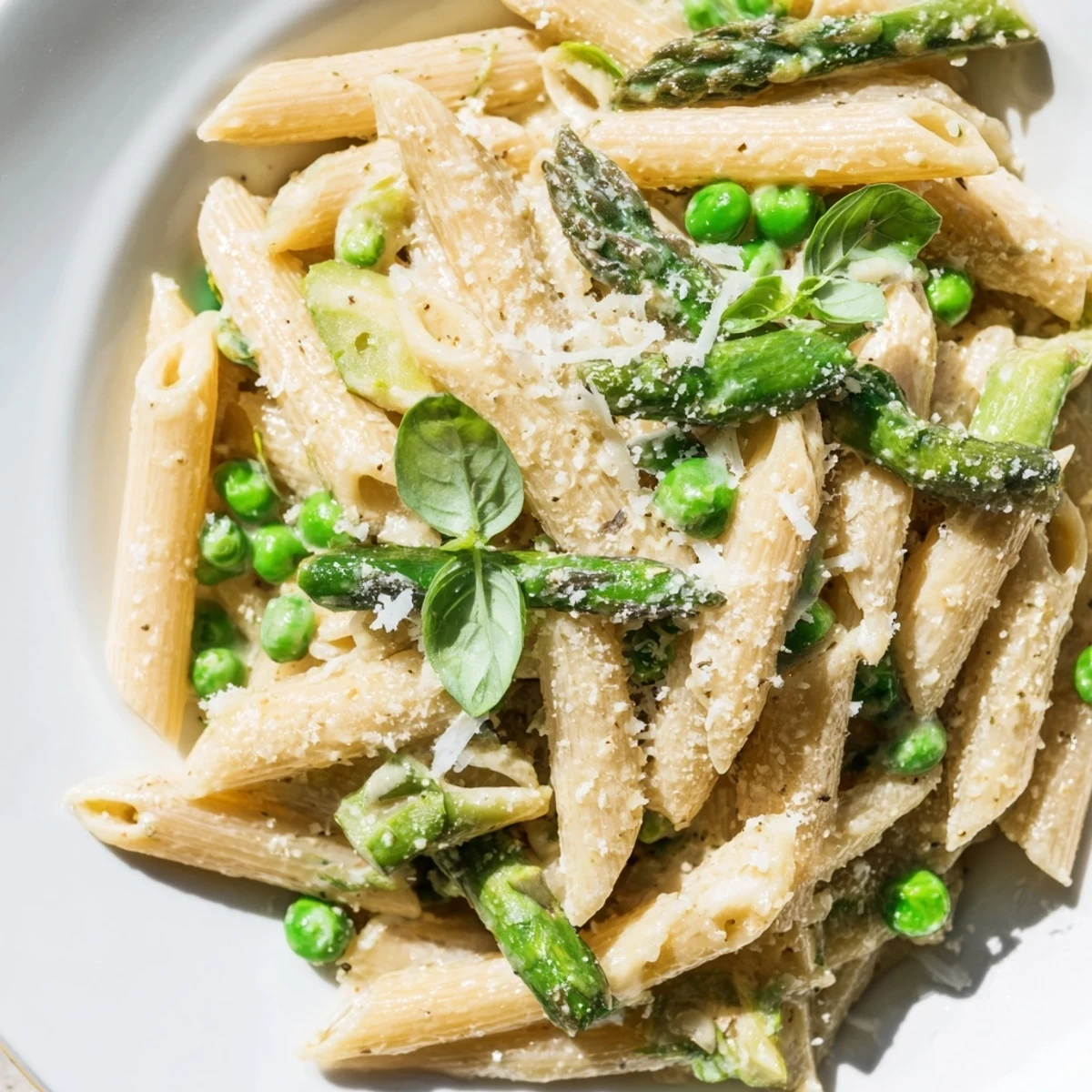 Bright green asparagus, peas, and green beans mingle with penne in a creamy garlic Parmesan sauce, garnished with fresh basil.