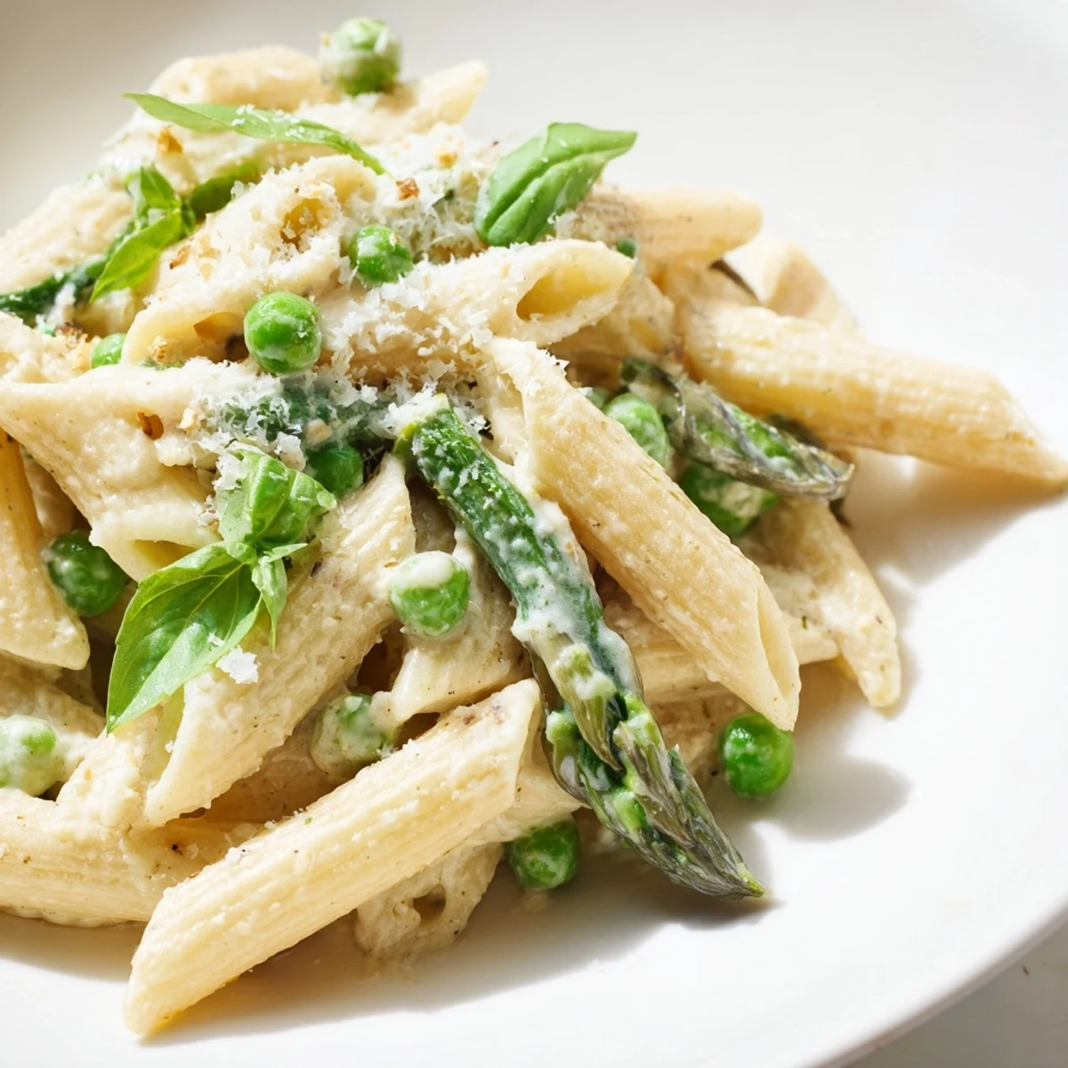 Garlic Parmesan Spring Vegetable Pasta served steaming hot, topped with extra grated Parmesan and a bright lemon zest.