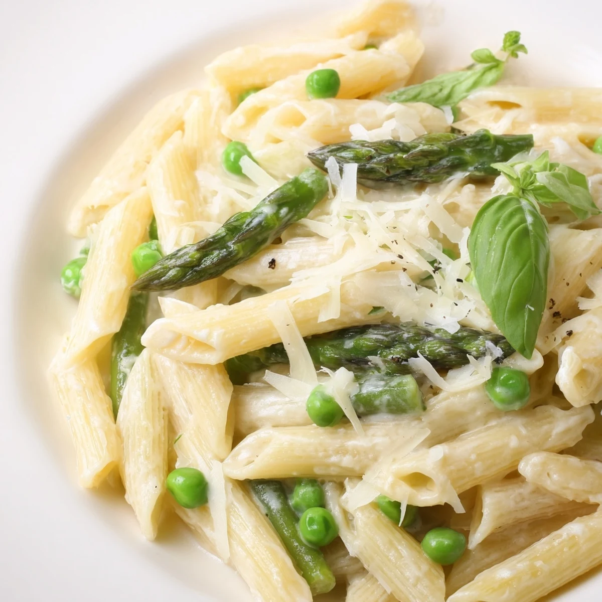 A close-up of al dente penne coated in a velvety Parmesan sauce, with crisp-tender spring vegetables adding fresh color.