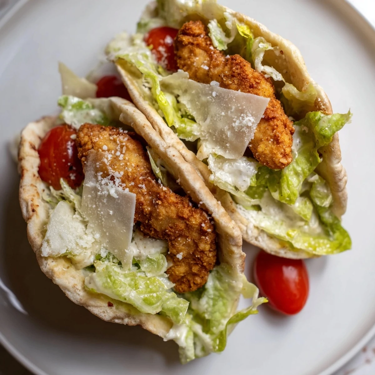 Golden brown, air-fried crispy chicken strips nestled inside a warm, soft pita bread pocket.