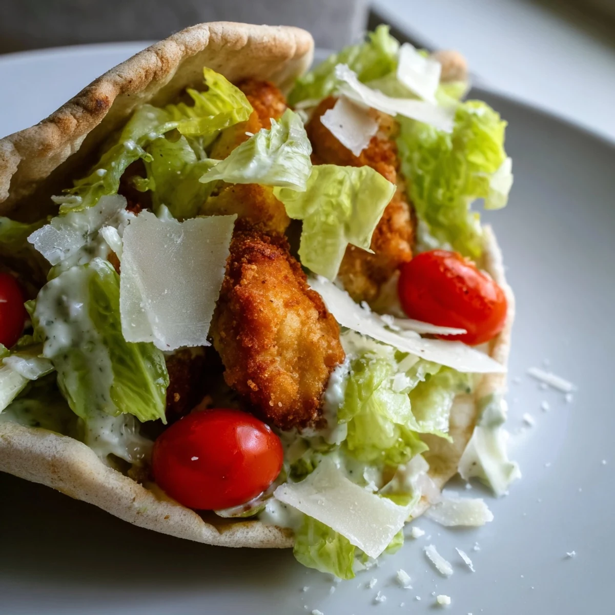 Served on a plate with lemon wedges and extra Caesar dressing for drizzling over the top.