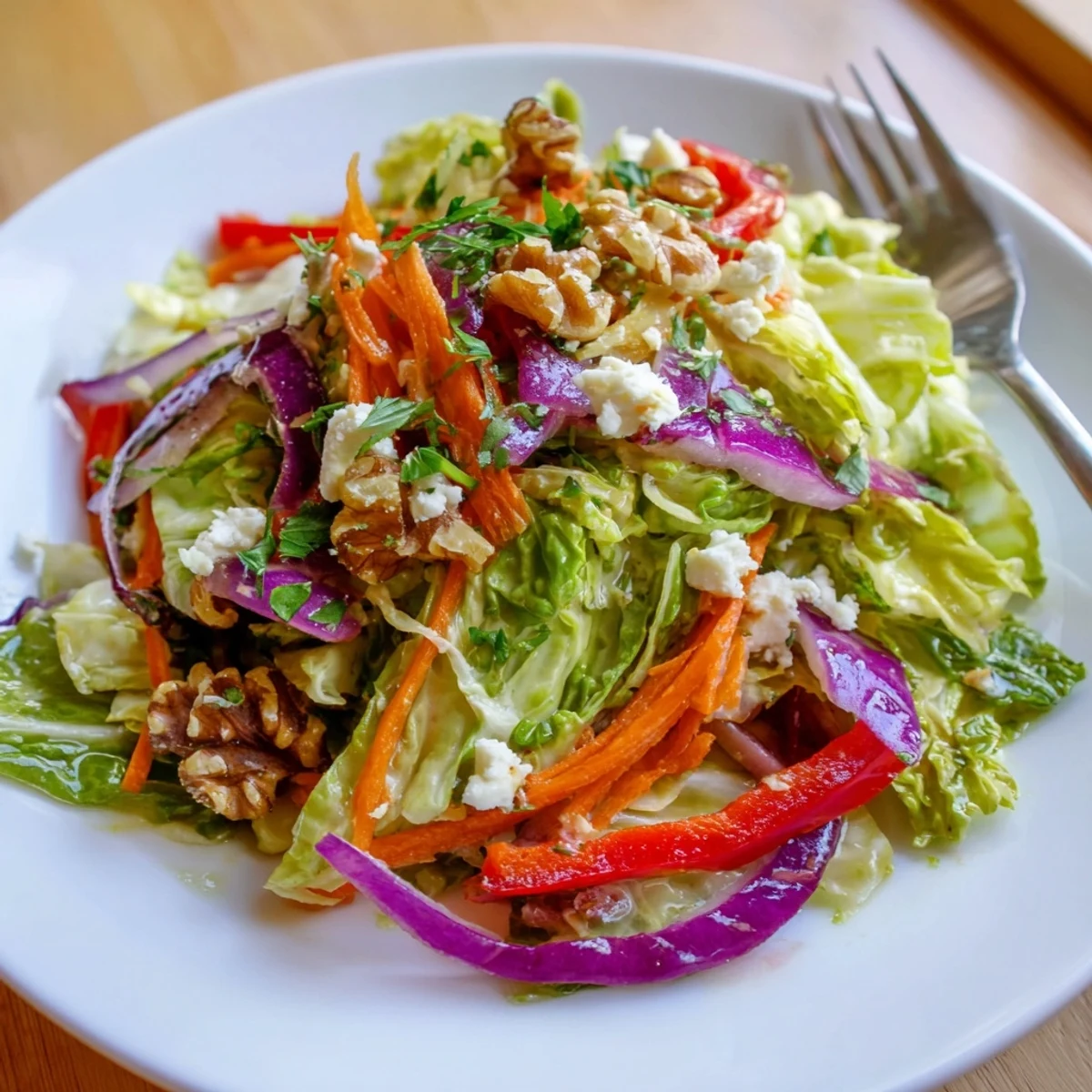 A close-up of Cooked and Loved Cabbage Salad showcasing glossy, herbaceous dressing coating the sautéed cabbage and colorful vegetable ribbons.