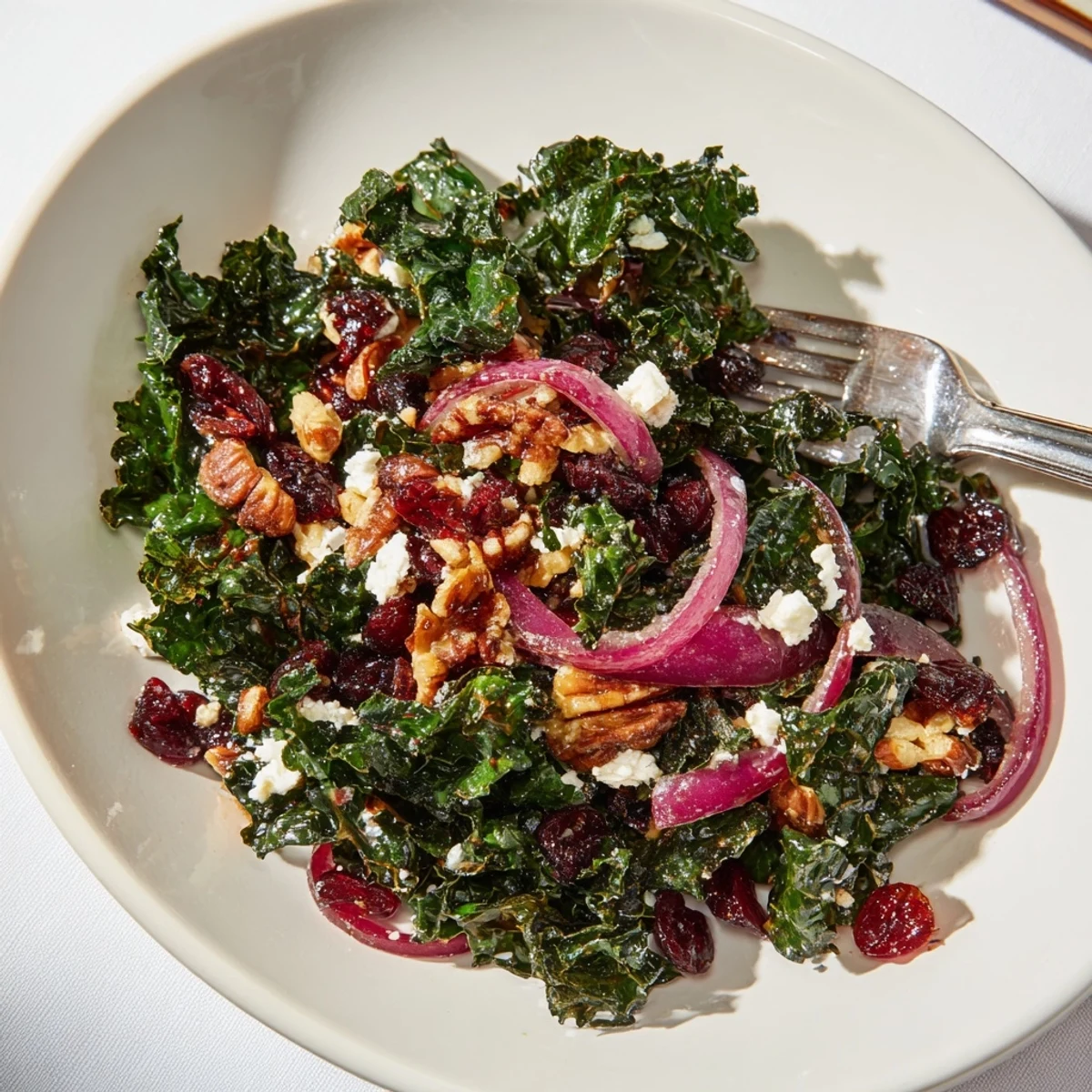 Freshly dressed kale salad with maple mustard glaze, featuring sliced red onion and crumbled feta for extra flavor.  
