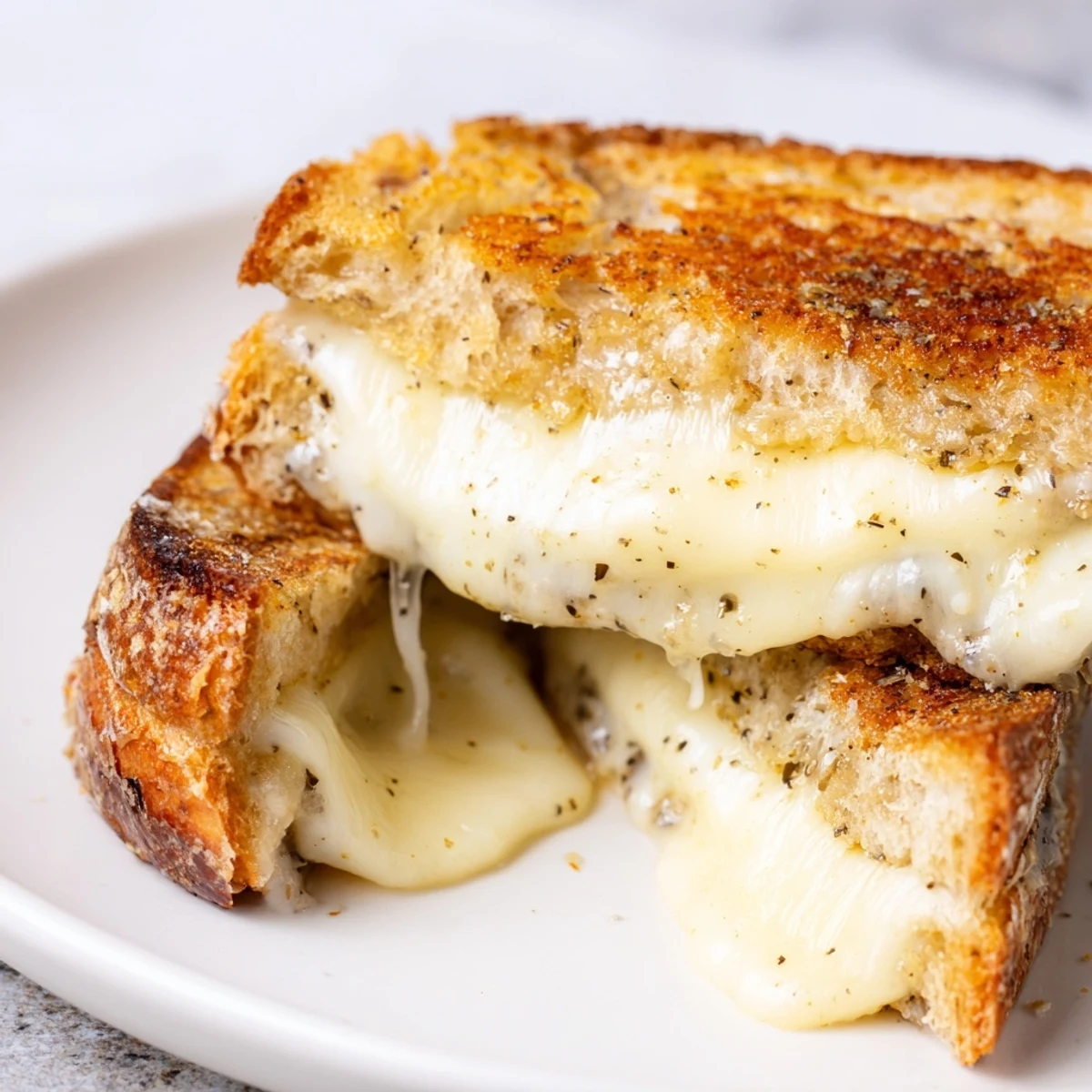 A close-up of a golden Truffle Grilled Cheese, oozing with melted Gruyère and drizzled with aromatic truffle oil.