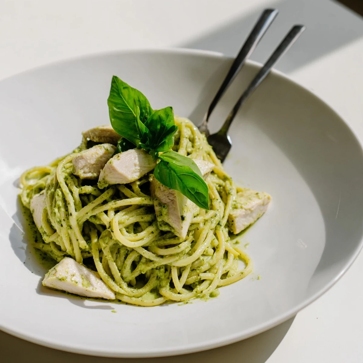 Creamy avocado chicken pasta with grilled chicken slices, basil garnish, and a vibrant green sauce on a rustic table.