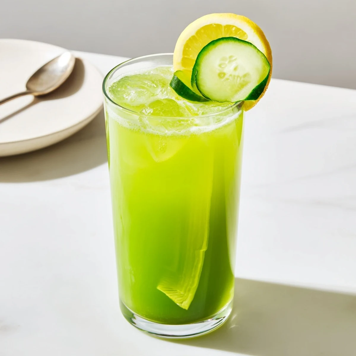 A close-up of vibrant green detox juice made with kale, cabbage, cucumber, and crisp green apple.  