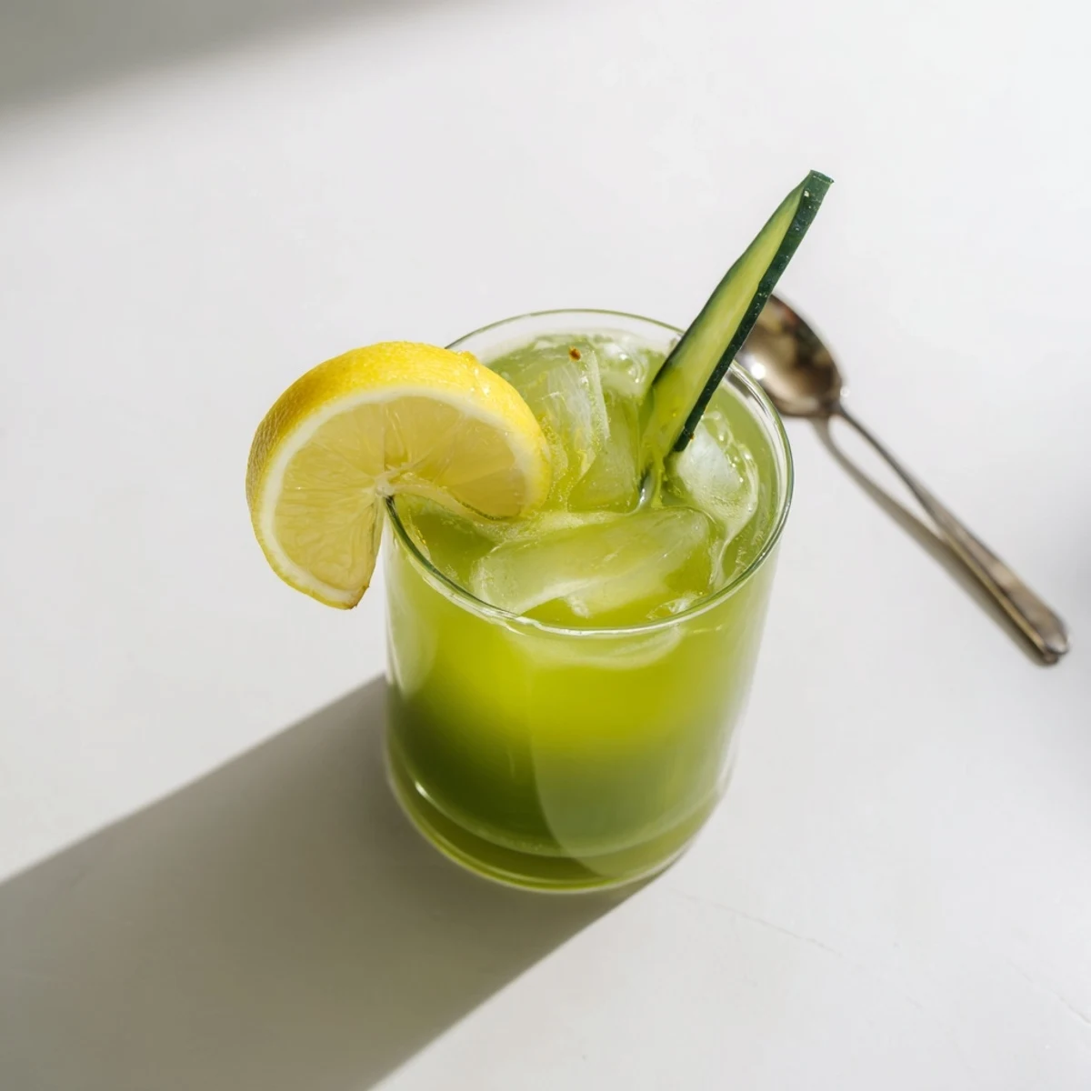 Homemade cabbage and kale detox juice in a glass, highlighting its bright green color and refreshing clarity.