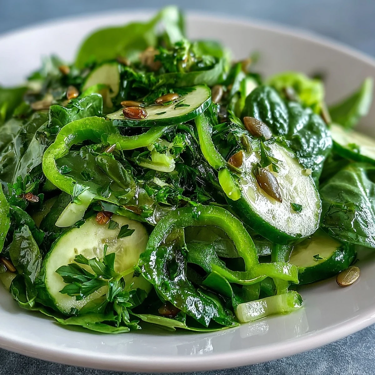 Bright green leafy salad with cucumber, celery, and bell peppers tossed in a light lemon vinaigrette.