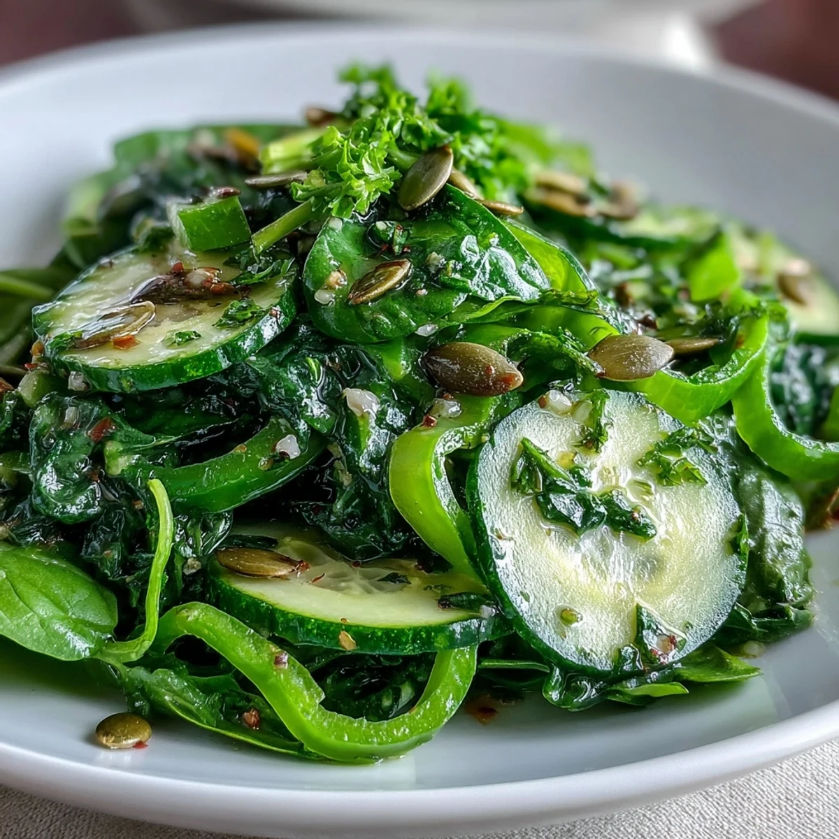 Glowing Green Salad served fresh in a bowl, topped with crunchy pumpkin seeds for texture.