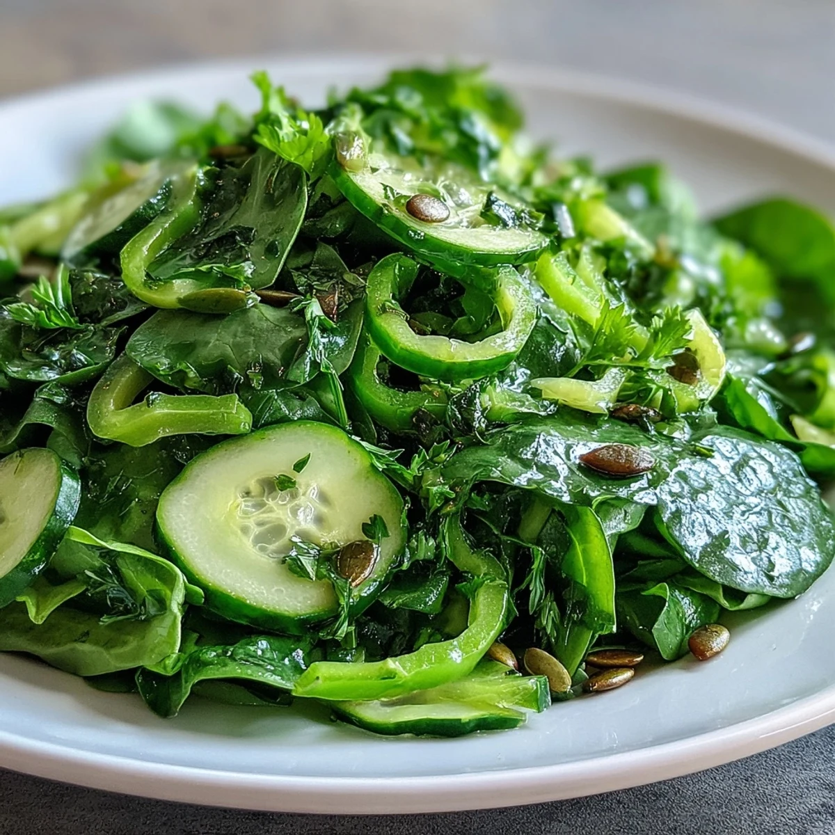 Refreshing Glowing Green Salad with zucchini and parsley, ready to enjoy as a healthy vegan side.