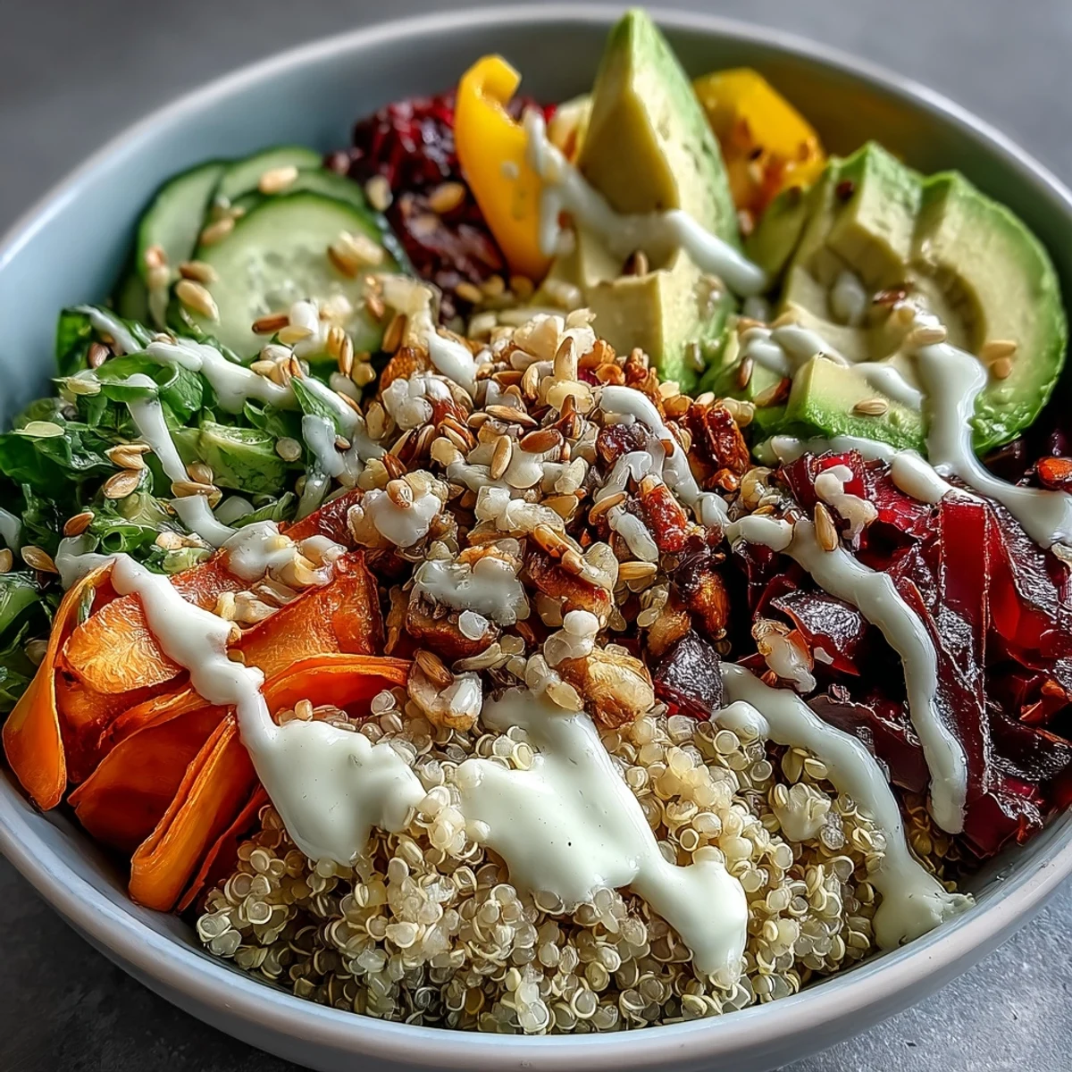 This close-up of a Rainbow Buddha Bowl With Quinoa highlights chickpeas, fresh spinach, and crunchy seeds on fluffy grains.