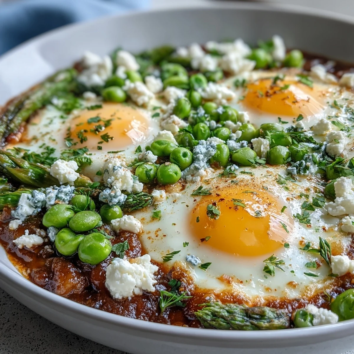 Vibrant Pea and Broad Bean Shakshuka with runny eggs nestled in a spiced tomato and herb sauce, served in a skillet.  