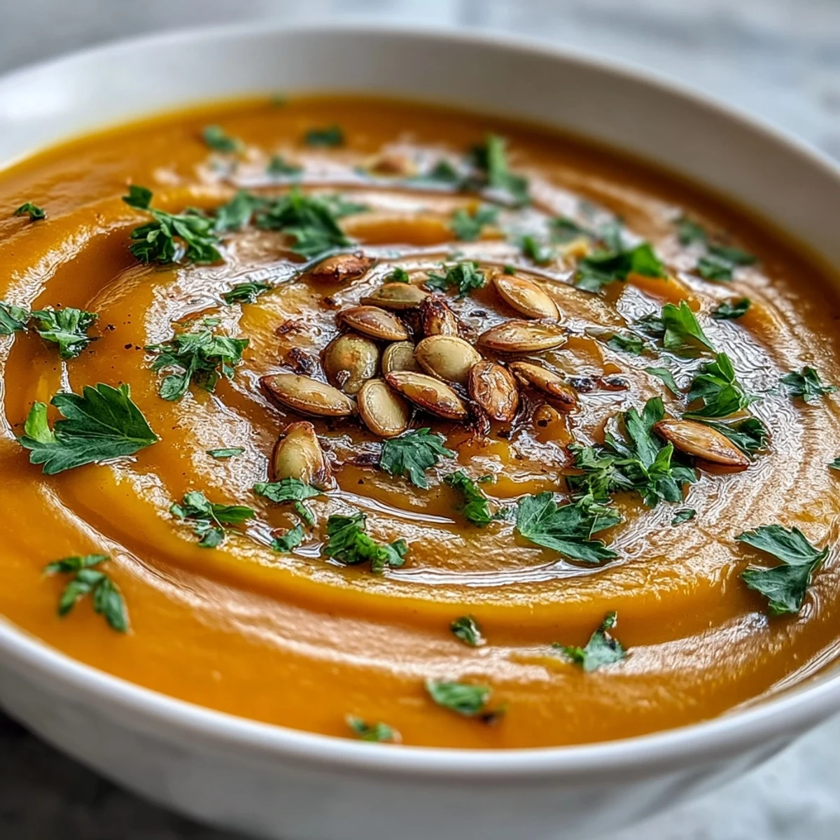 A steaming bowl of butternut squash soup garnished with fresh parsley and toasted pumpkin seeds, perfect for a cozy winter meal.