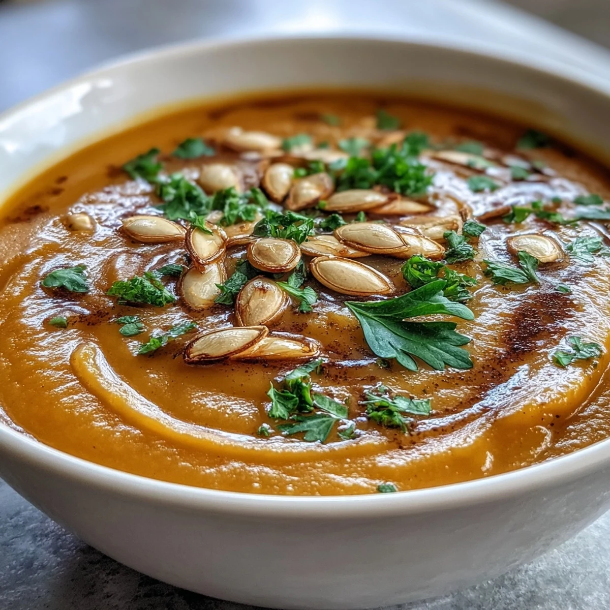 Silky smooth butternut squash soup served with a swirl of coconut milk and a crusty piece of bread on the side.