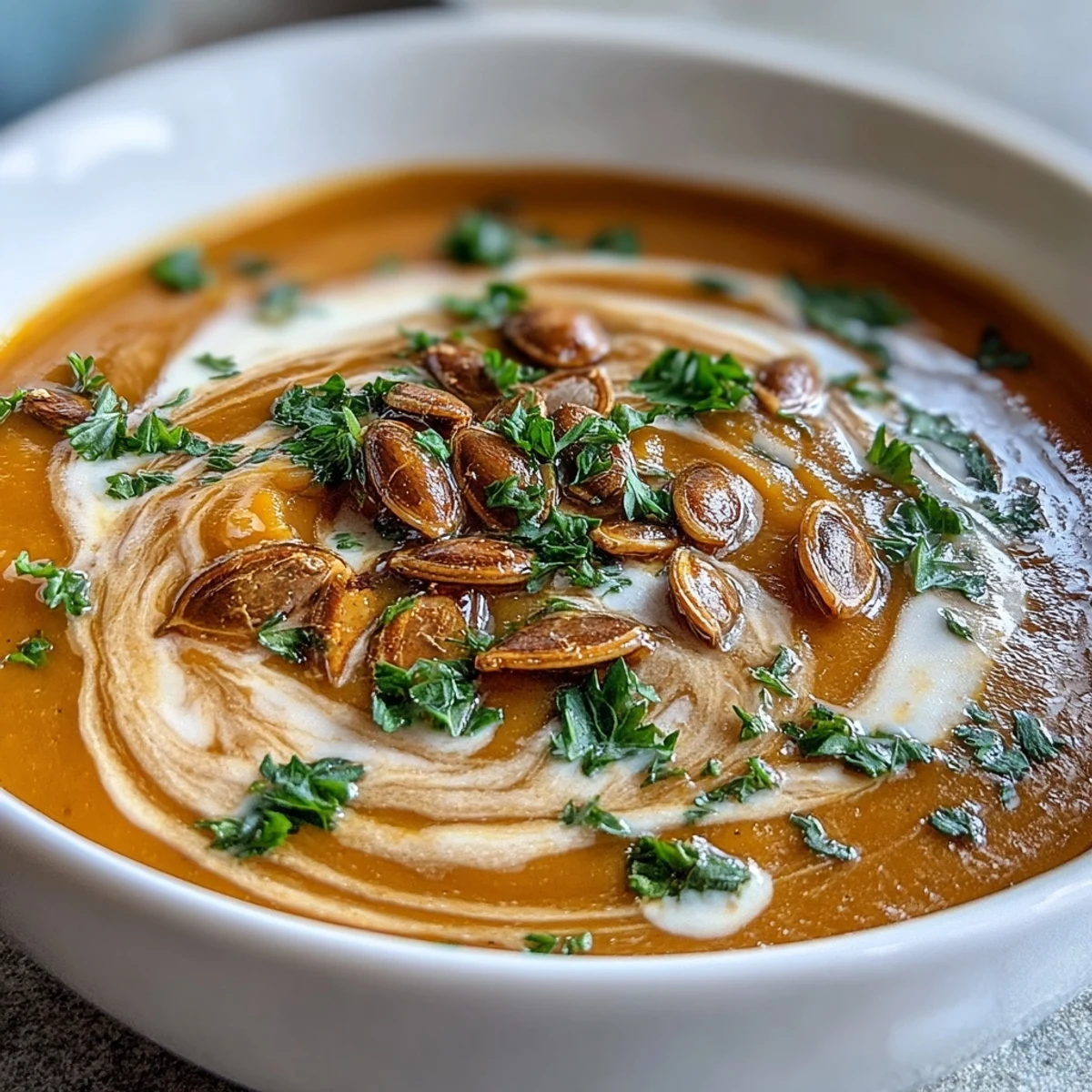 Close-up of a golden, velvety butternut squash soup in a rustic bowl, highlighting its rich color and creamy texture.