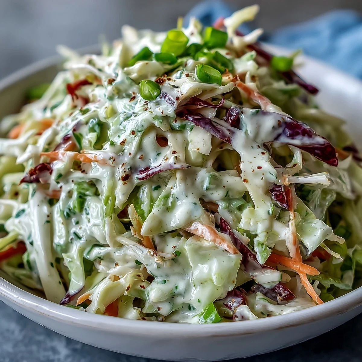 A vibrant bowl of Best Cabbage Coleslaw, with crisp shredded green and red cabbage tossed with grated carrots in creamy dressing.