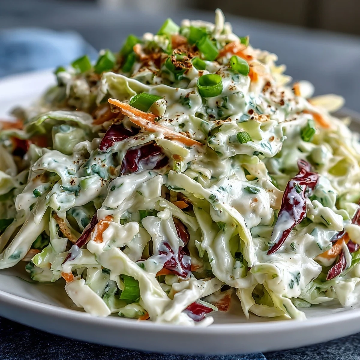 Freshly prepared Best Cabbage Coleslaw garnished with green onions, ready as a crunchy side dish for barbecues or picnics.