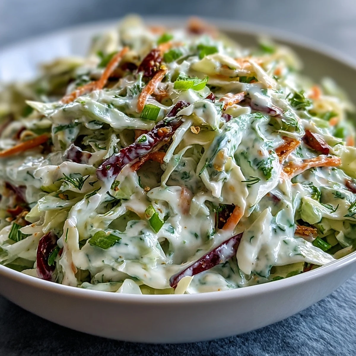 Colorful Best Cabbage Coleslaw featuring tender cabbage and carrots in tangy dressing, served in a white bowl for contrast.