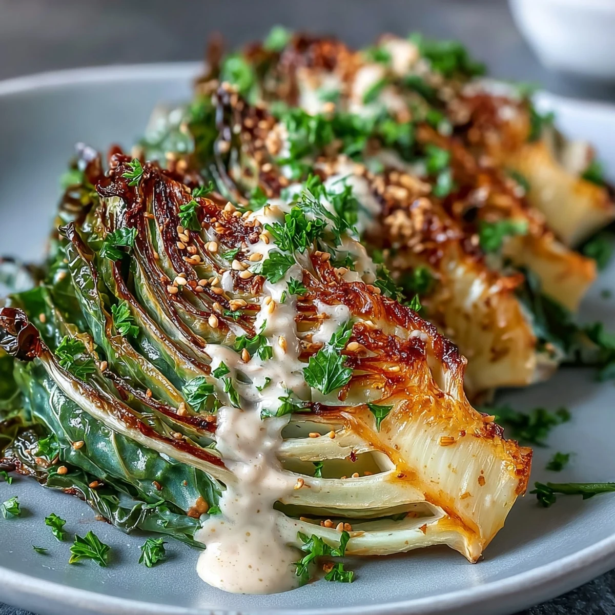Golden-brown roasted cabbage wedges arranged on a platter, generously drizzled with creamy tahini sauce and garnished with fresh parsley.