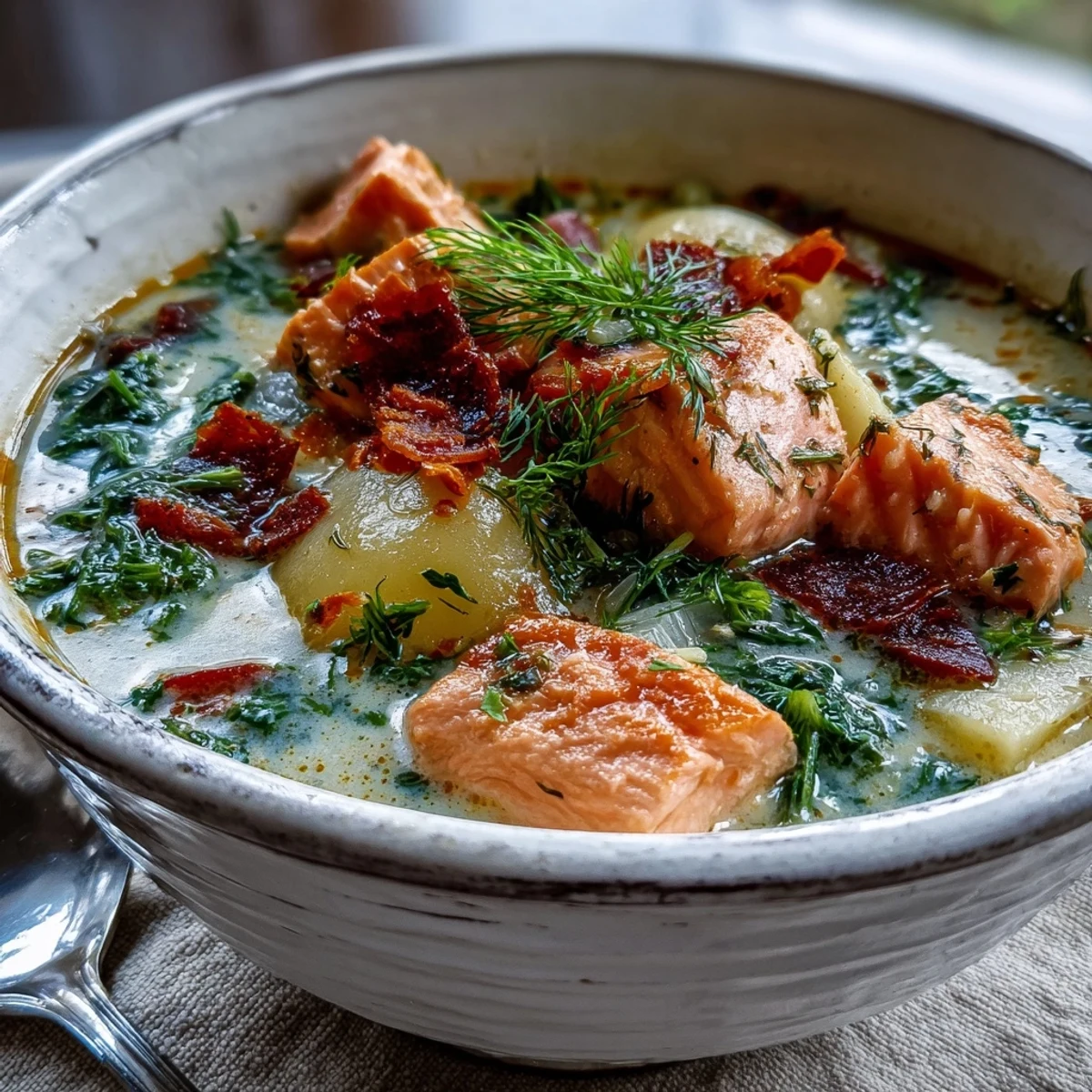 Finnish Salmon Soup served steaming in a rustic bowl, garnished with fresh dill and accompanied by a slice of dark rye bread.