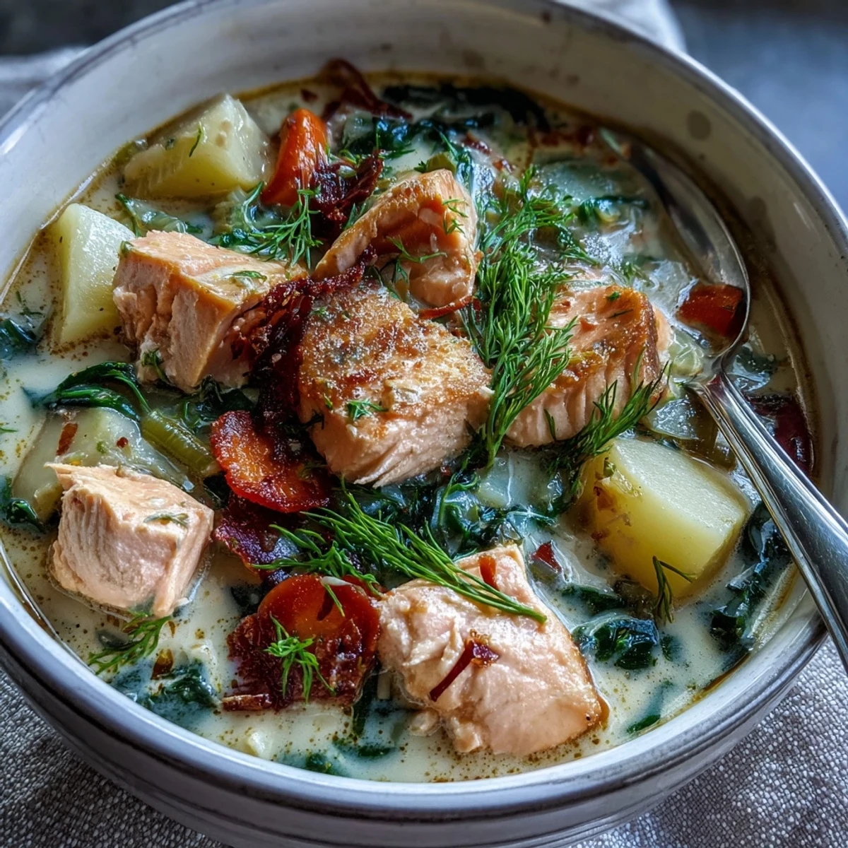 Close-up view of Finnish Salmon Soup, highlighting flaky salmon, sliced carrots, and leeks in a velvety, pale cream broth.