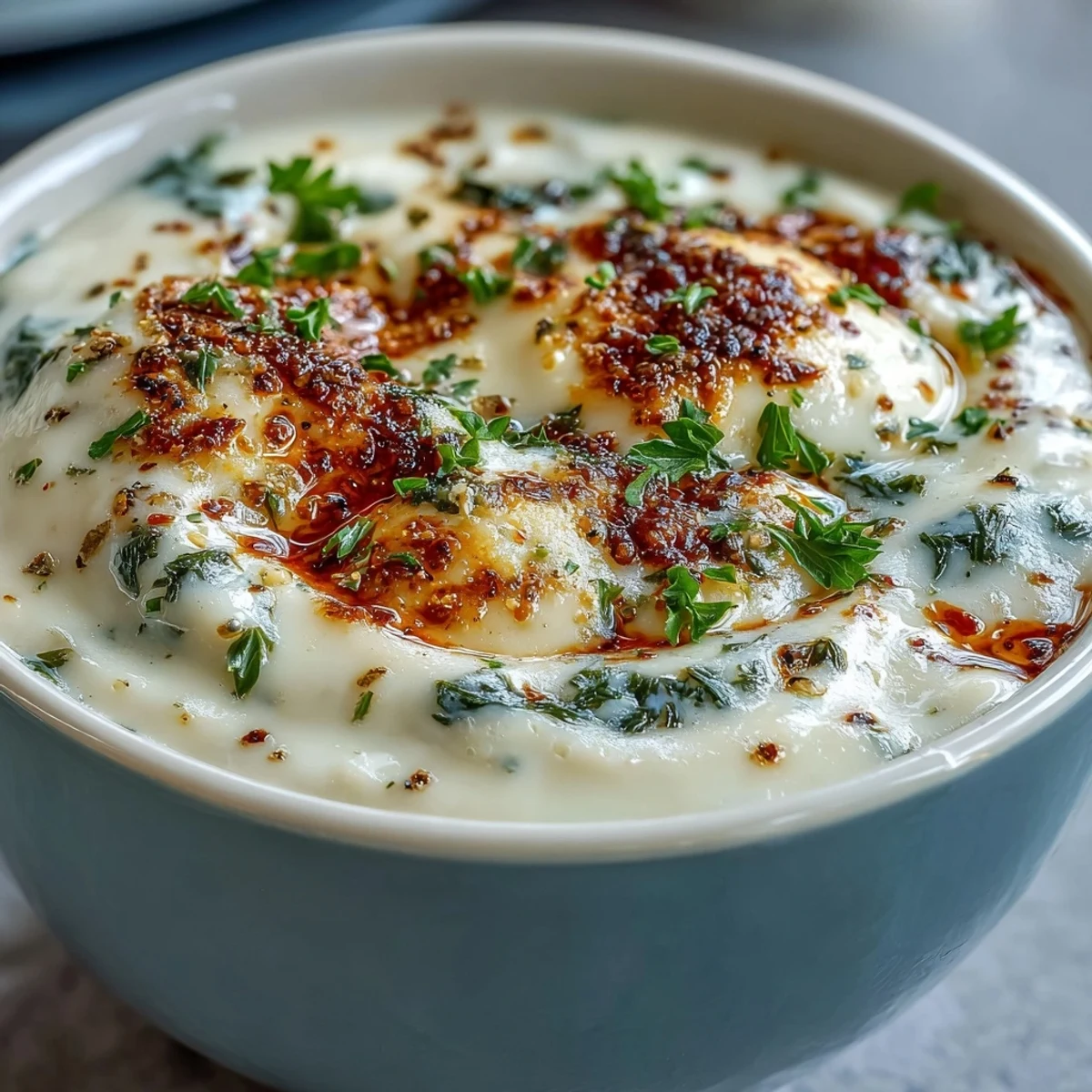 Creamy White Bean and Parmesan Soup garnished with fresh parsley in a rustic bowl, steaming gently on a wooden table.