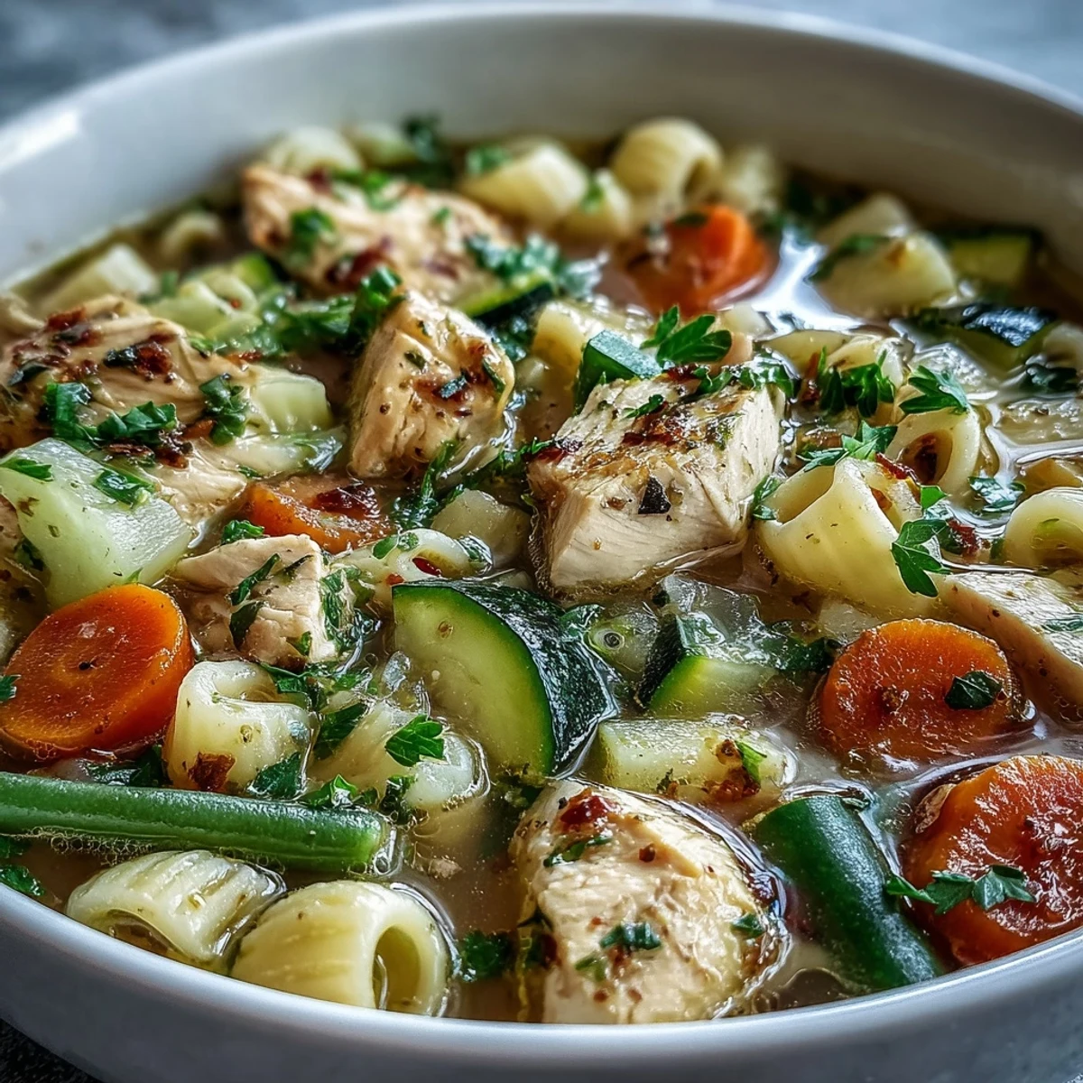 Pasta Soup With Chicken and Vegetables served in a rustic mug, garnished with fresh parsley, alongside crusty bread for dipping into the hearty broth.