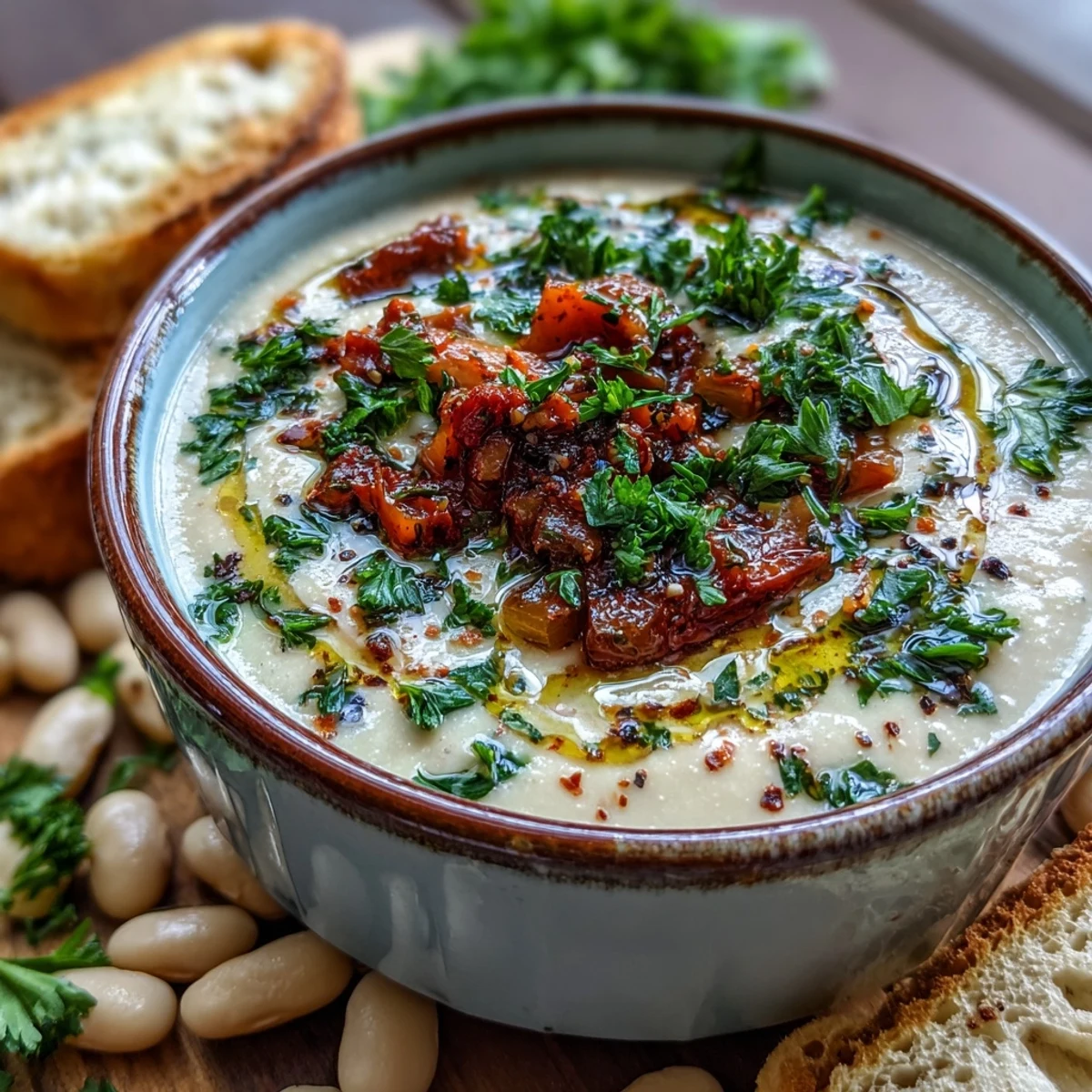 A steaming bowl of creamy White Bean Soup With Tomato, garnished with fresh parsley and a swirl of olive oil.