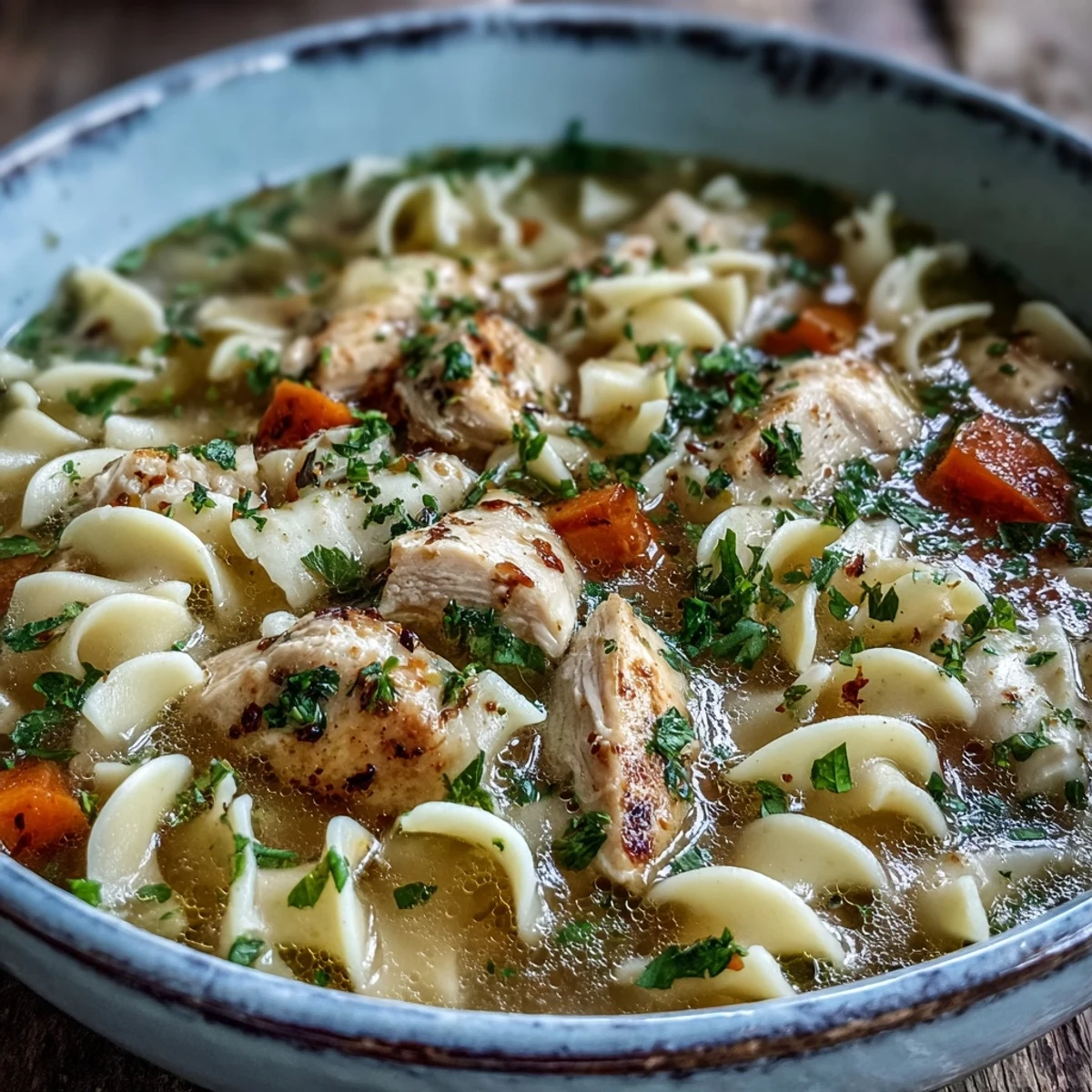 A warm bowl of homemade chicken noodle soup with tender chicken, carrots, celery, and egg noodles in savory broth.  