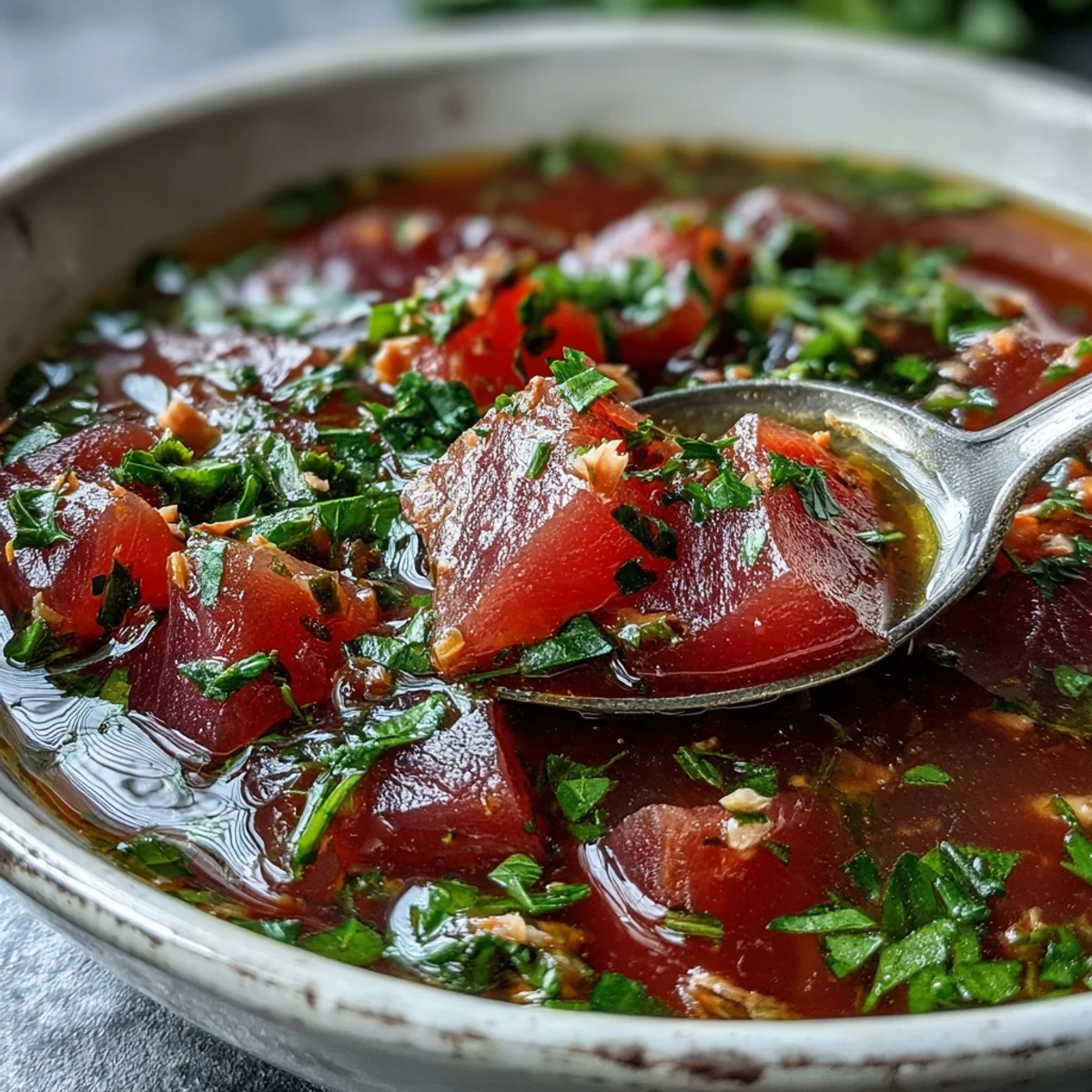 A warm bowl of Tuna and Tomato Soup garnished with fresh parsley and a slice of crusty bread.