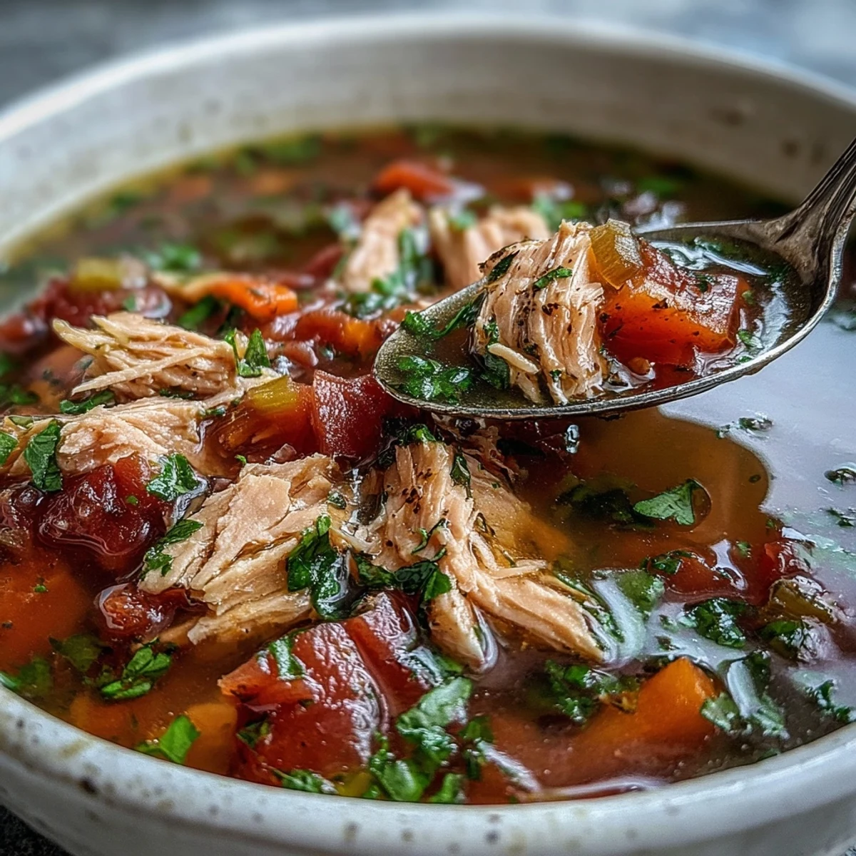 Steaming Tuna and Tomato Soup served with fresh basil, perfect for a quick Italian-inspired meal.